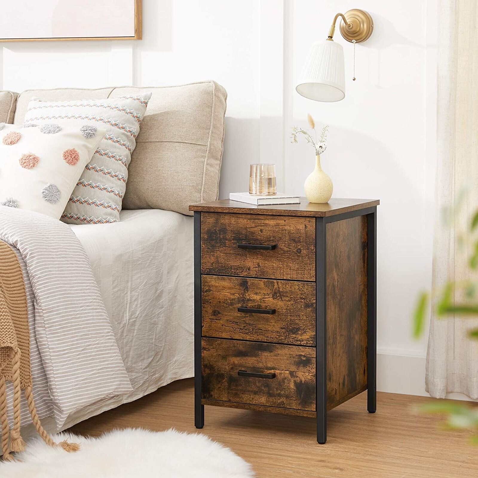 Industrial Nightstand Rustic Bedside Table 3 Drawers Side Table Bedroom Storage