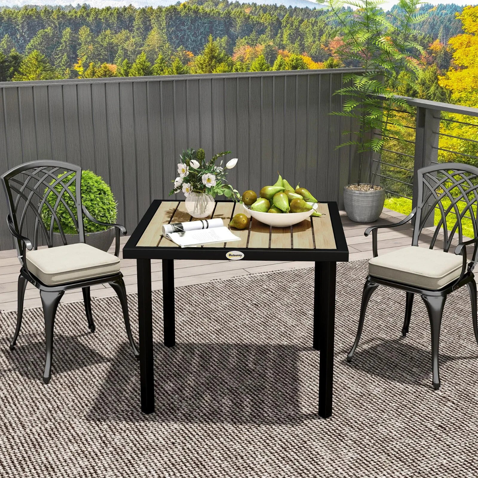 Outdoor Garden Dining Table Square Metal Frame Slatted Top With Parasol Hole