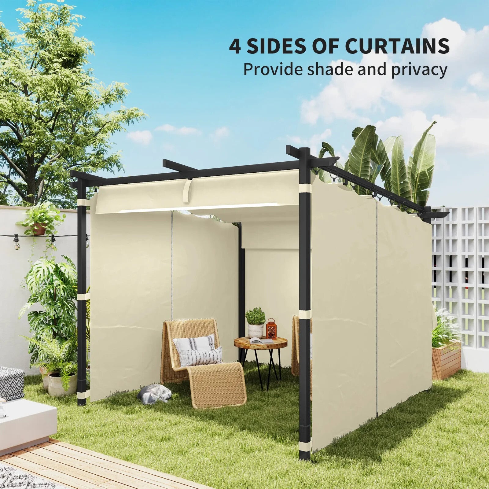 Metal Pergola 3 x 3 m Garden Gazebo Heavy Duty Frame Roof and Sidewall Sun Shade