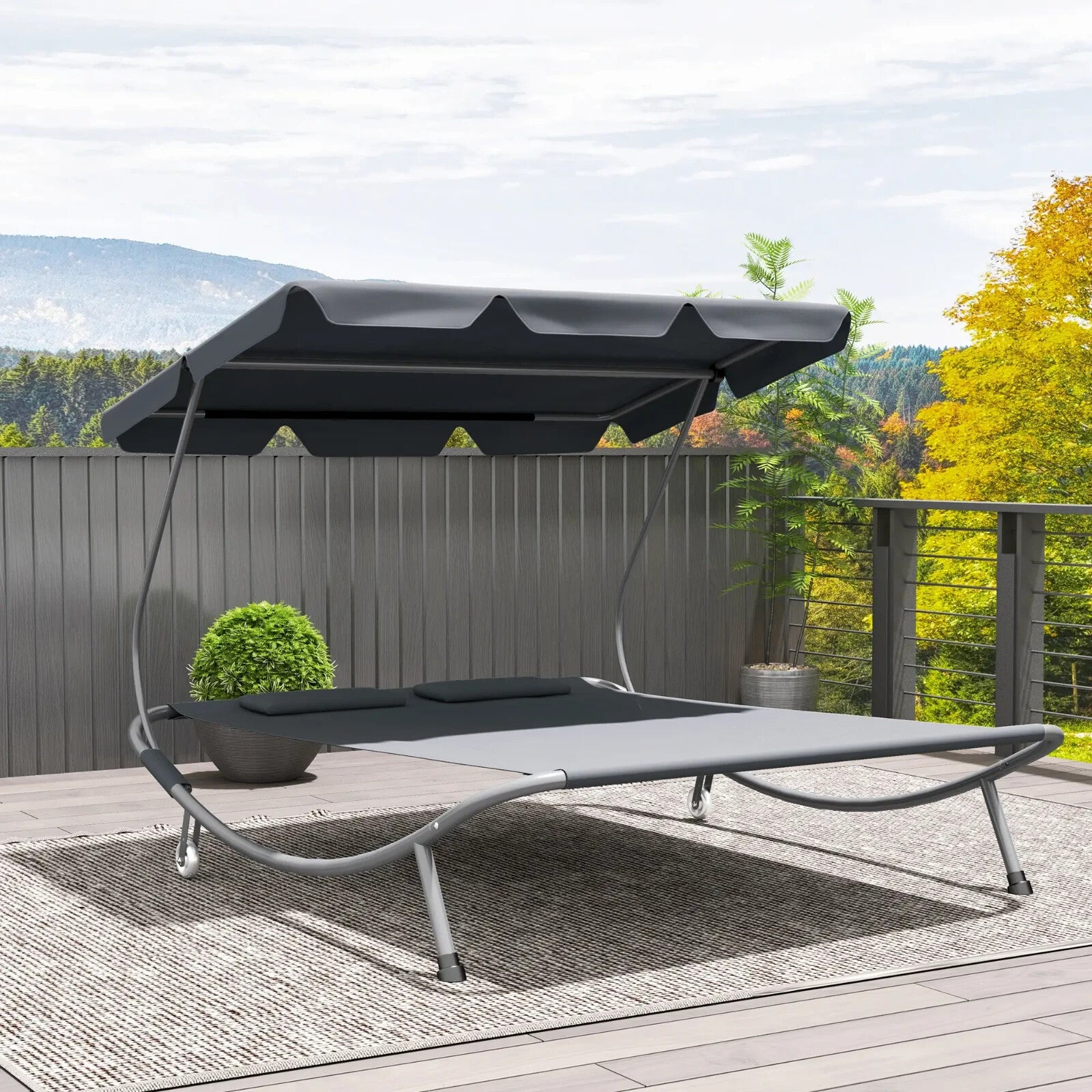 Hammock Sun Lounger 2-Seater w/ 2-Padded Pillows & Adjustable Canopy Light Grey