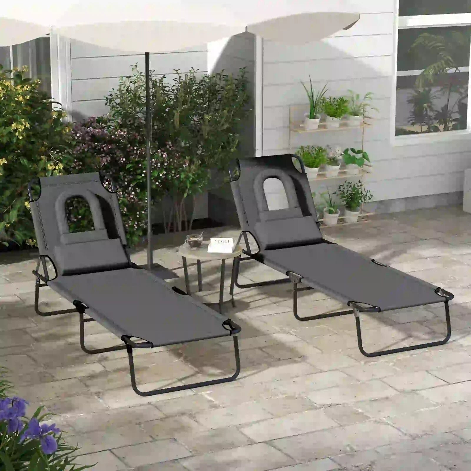 Set of 2 Foldable Sun Loungers w/ Pillow & 4 Level Reclining Adjustable Backrest