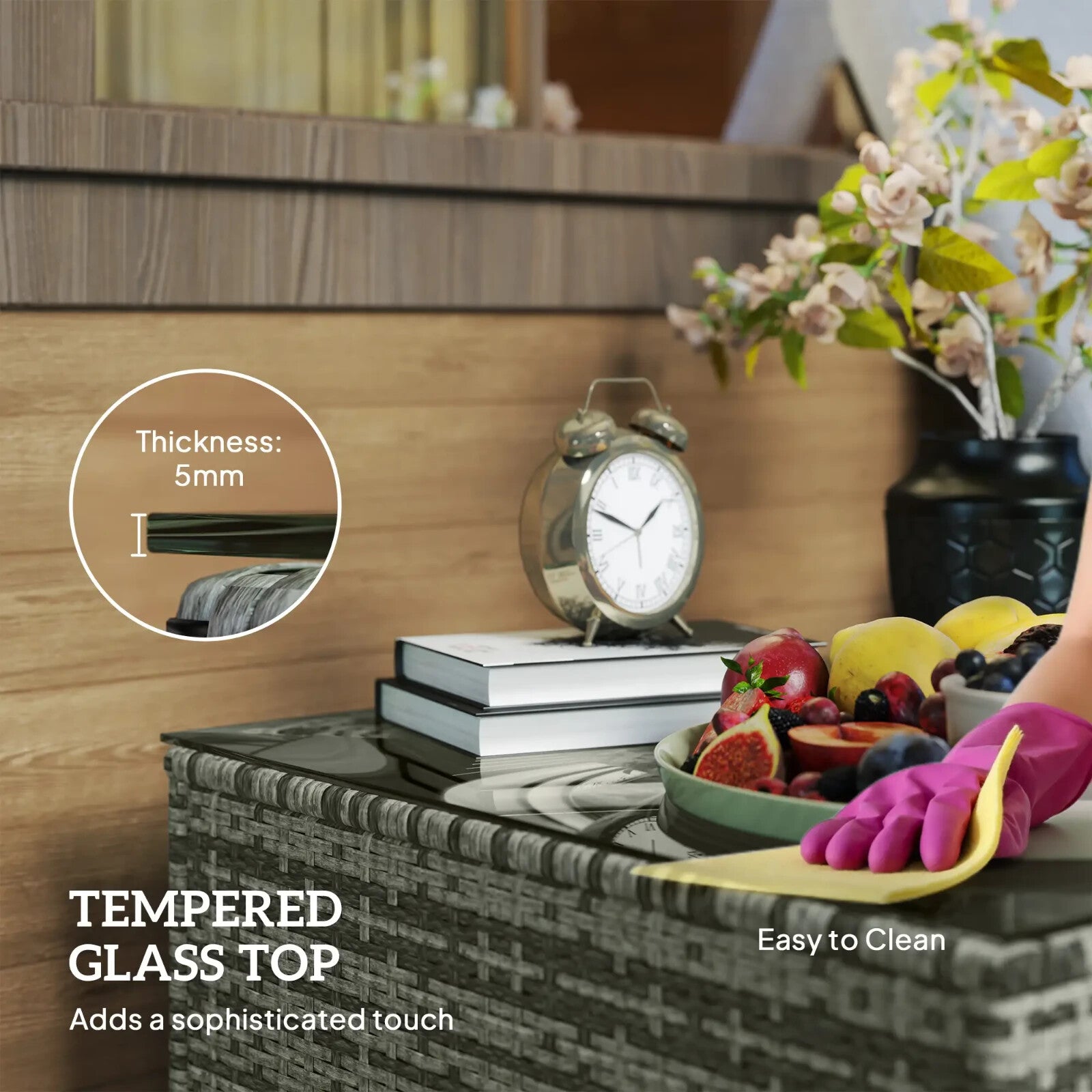 62 x 62cm Rattan Garden Side Table w/ Glass Top Patio Coffee Table for Home Use