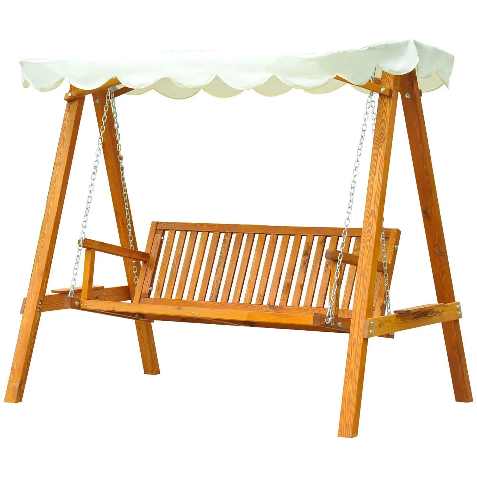 3 Seater Wooden Garden Swing Bench Outdoor Patio Chair w/ Backrest Canopy White
