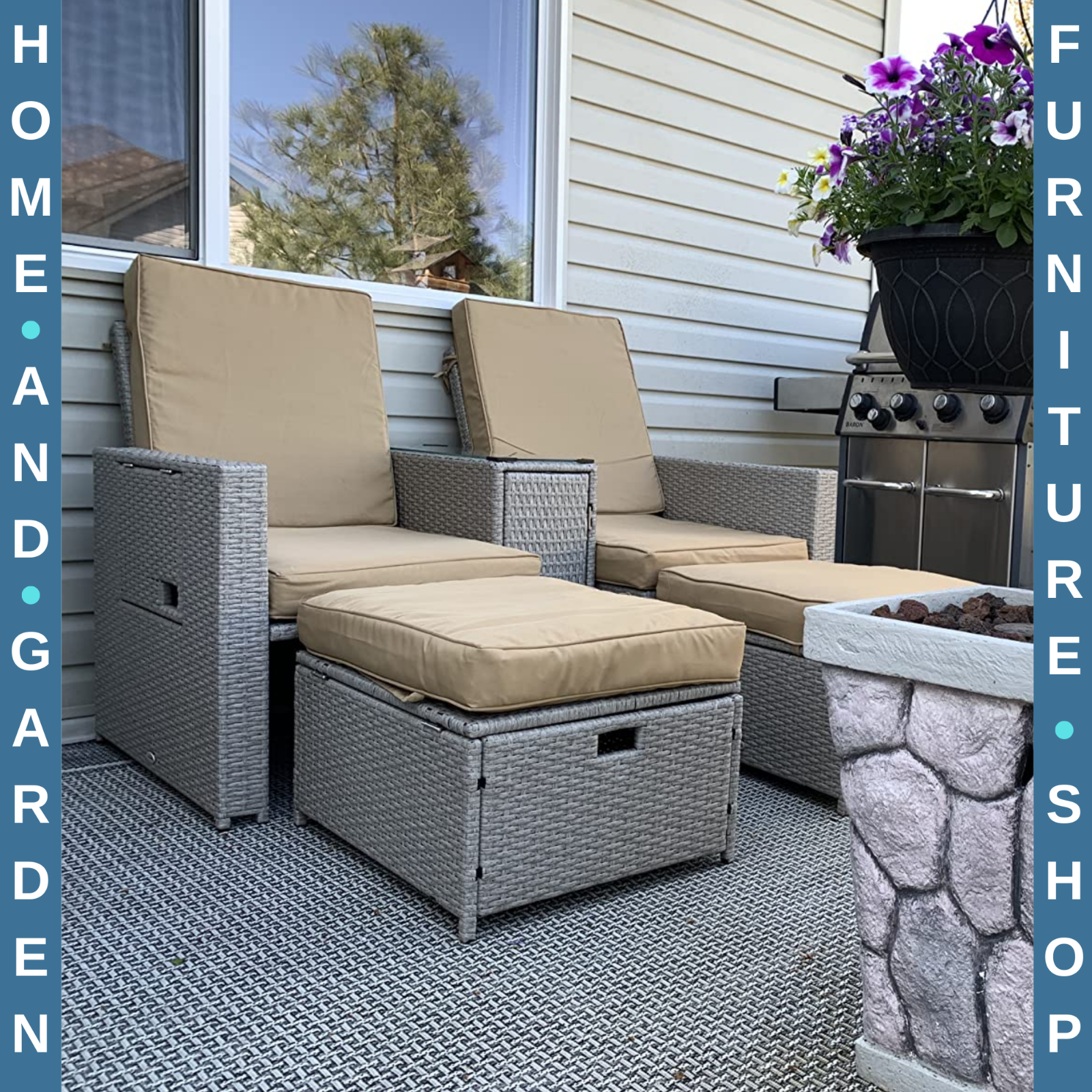 5pc PE Rattan Sun Lounger Recliner Set with Adjustable Backrest Storage & Table