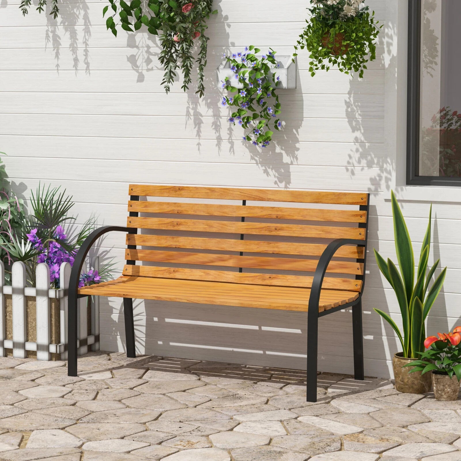 2 Seater Garden Bench Metal Legs Wooden Slatted Seat Backrest Patio Chair Bench
