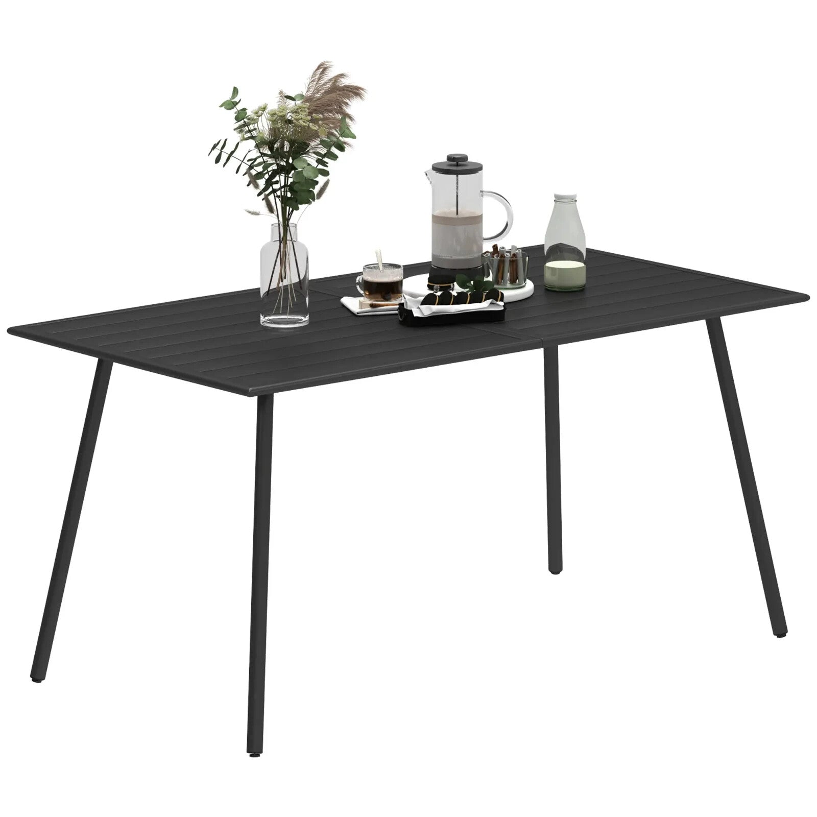 Metal Outdoor Table Black Garden Dining Table for 6 People Slat Top Steel Frame
