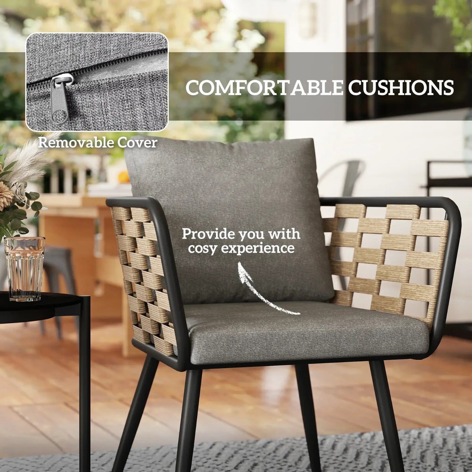 Bistro Set 3-Piece PE Rattan with Backrest Cushions & Tempered Glass Top Black