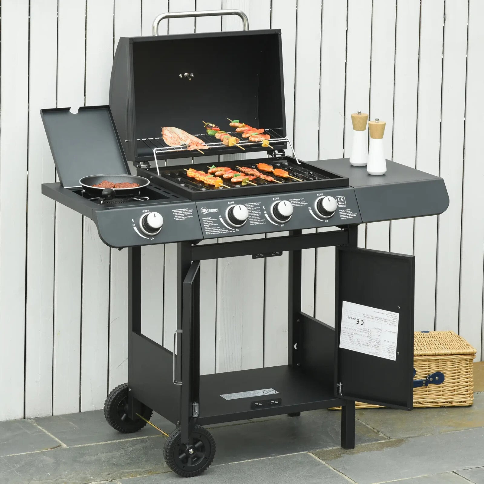 3 and 1 Gas Barbecue Grill w/ Side Burner & Large Cooking Area for Garden BBQs