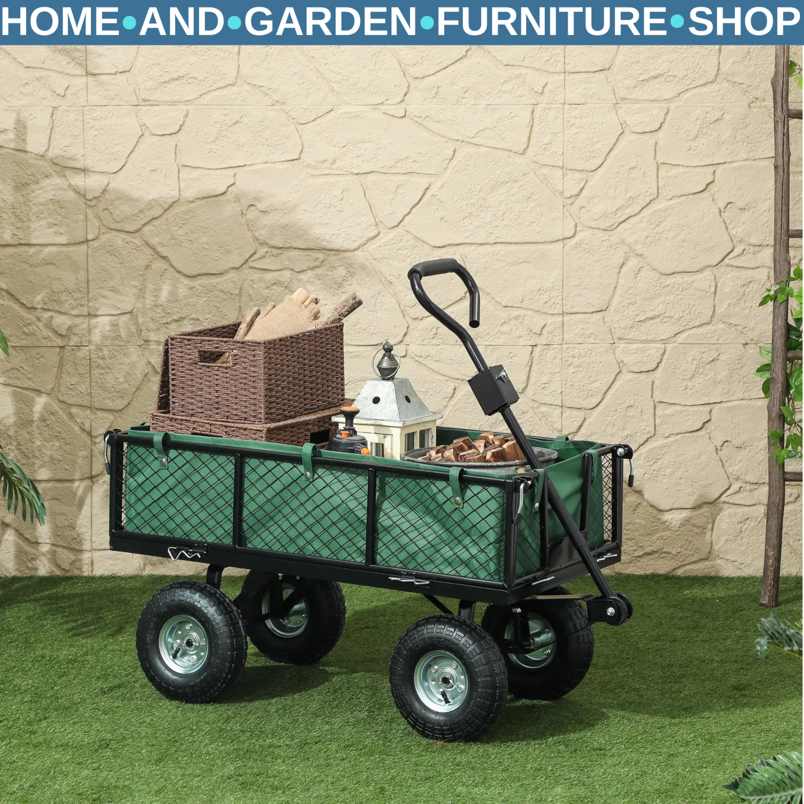 114L Steel Frame Garden Cart Trolley Heavy Duty Outdoor Utility Wagon for Tools