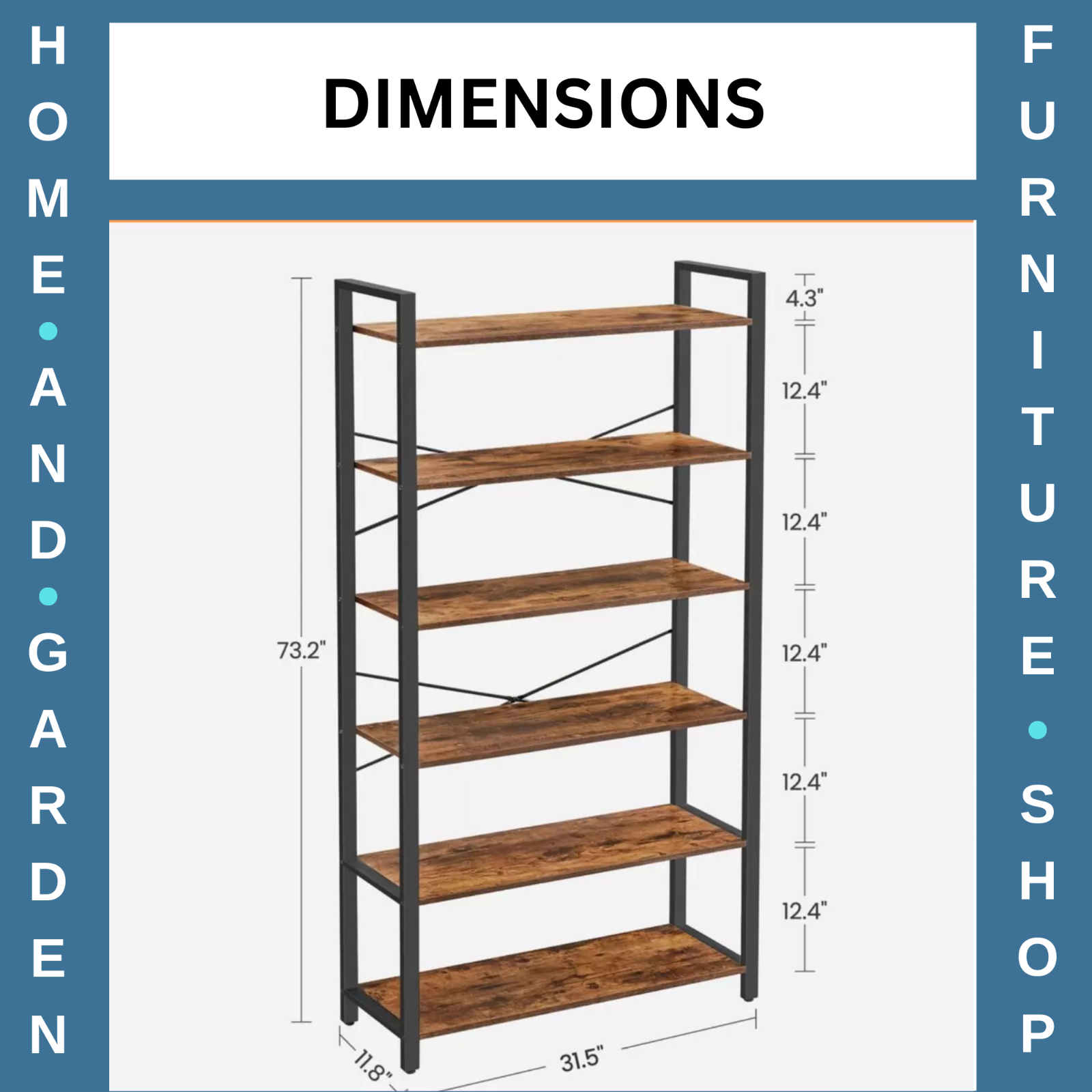 Rustic Brown Large Bookcase 6 Tier Tall Bookshelf Steel Frame Shelf Unit Tallboy
