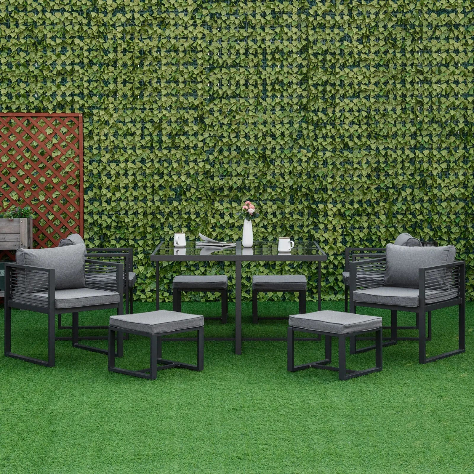 9PC Garden Dining Cube Set Table Chairs Stools w/ Cushions Outdoor Furniture