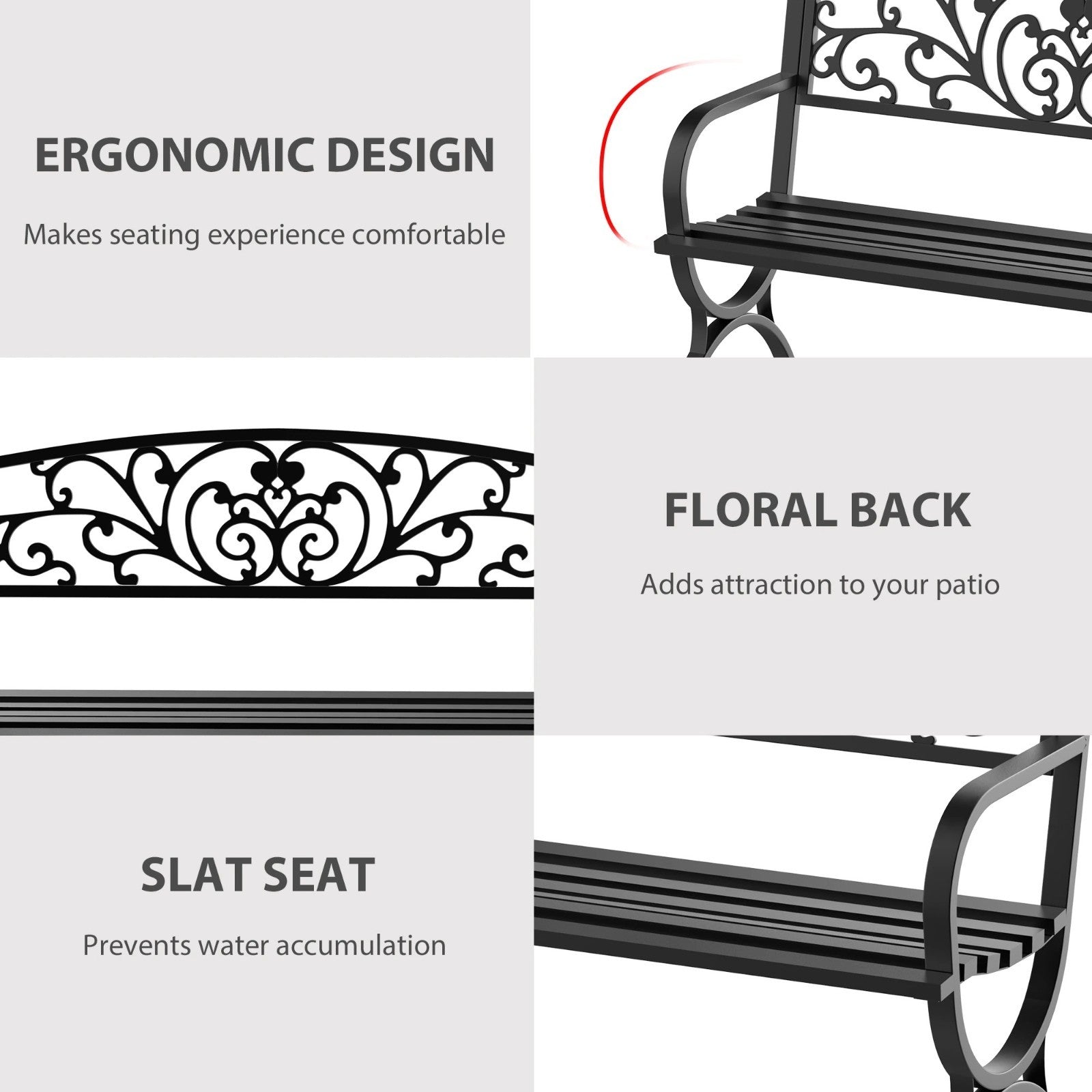 2 Seater Black Metal Garden Bench Seat Outdoor Seating Chair Patio Furniture New