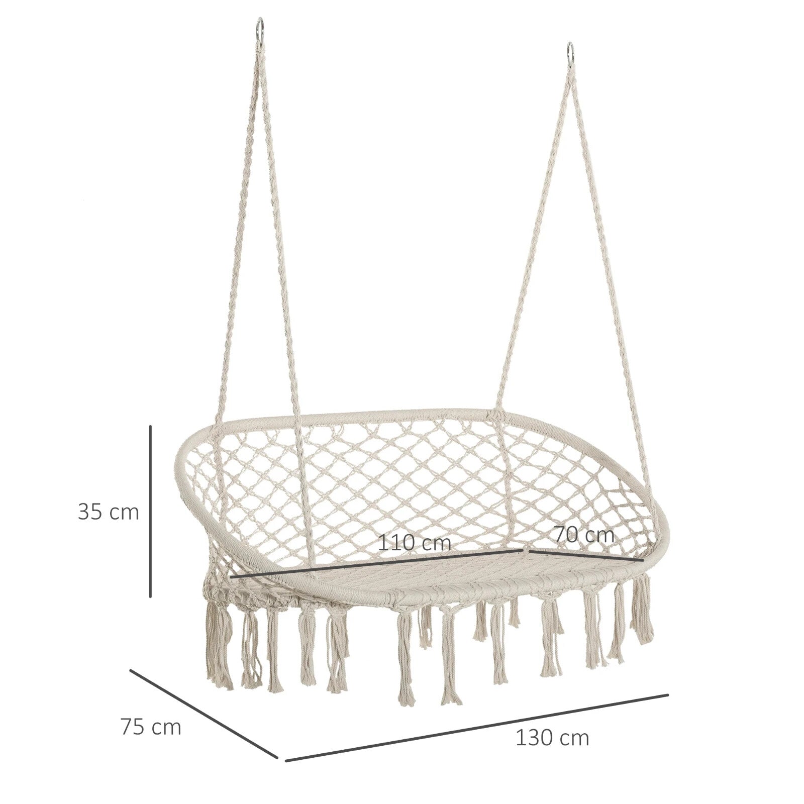 Hammock Hanging Bench 2-Seater Rope Porch Swing with Curved Back Cream White