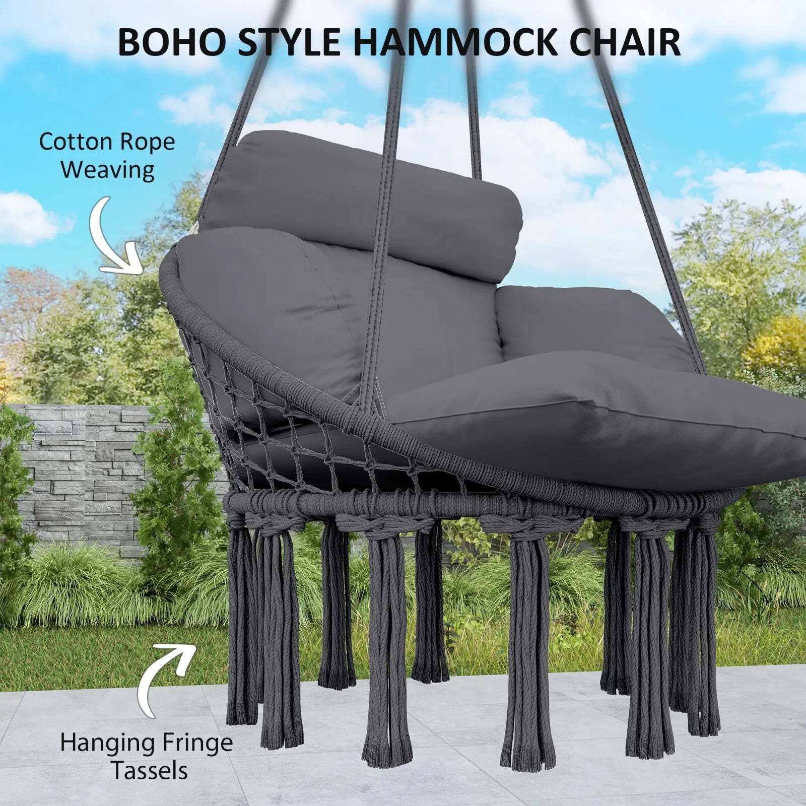 Hammock Hanging Chair Rope Boho Style Swing with Soft Padded Cushion Dark Grey