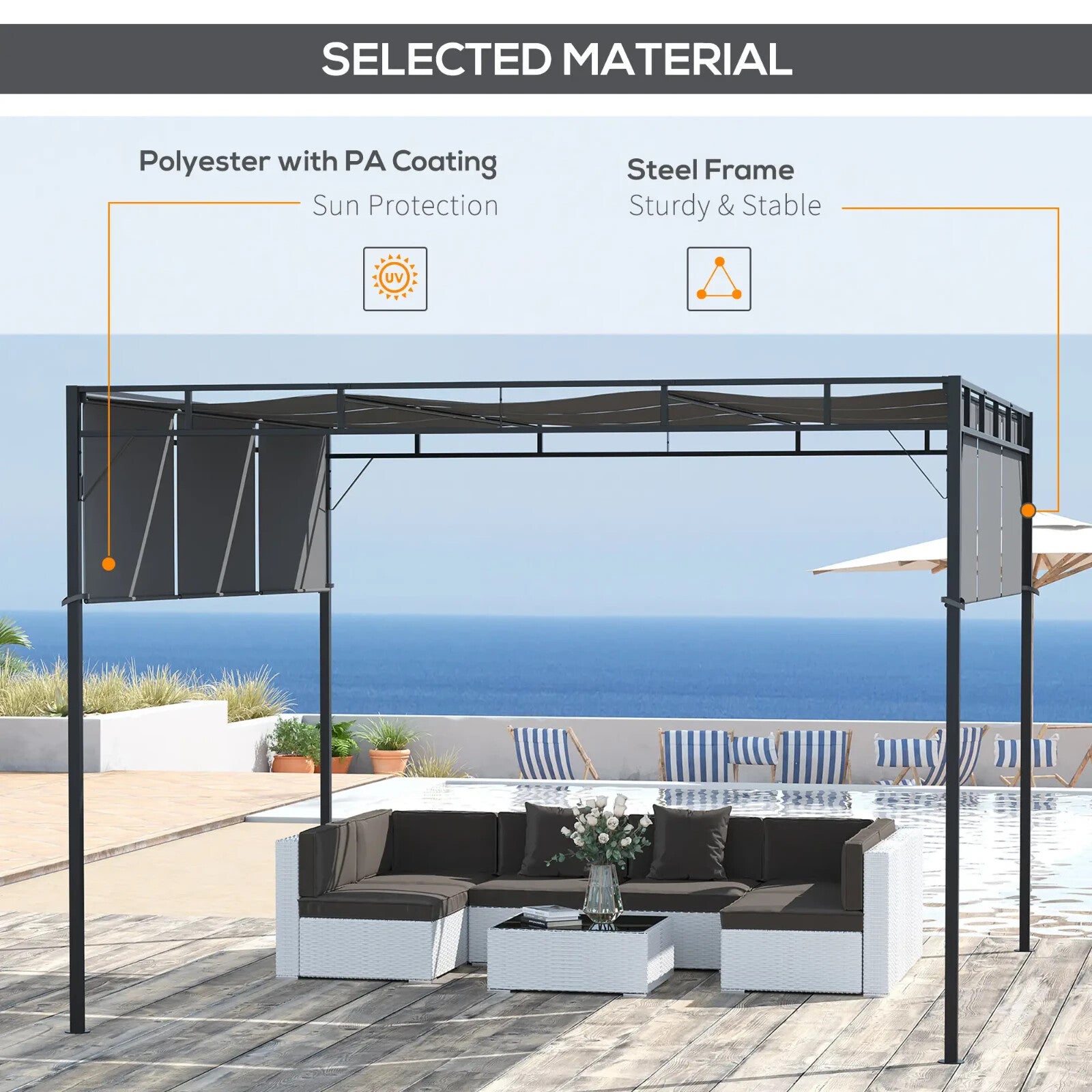 3x3m Steel Pergola Gazebo with Retractable Roof Canopy Garden Patio Shelter