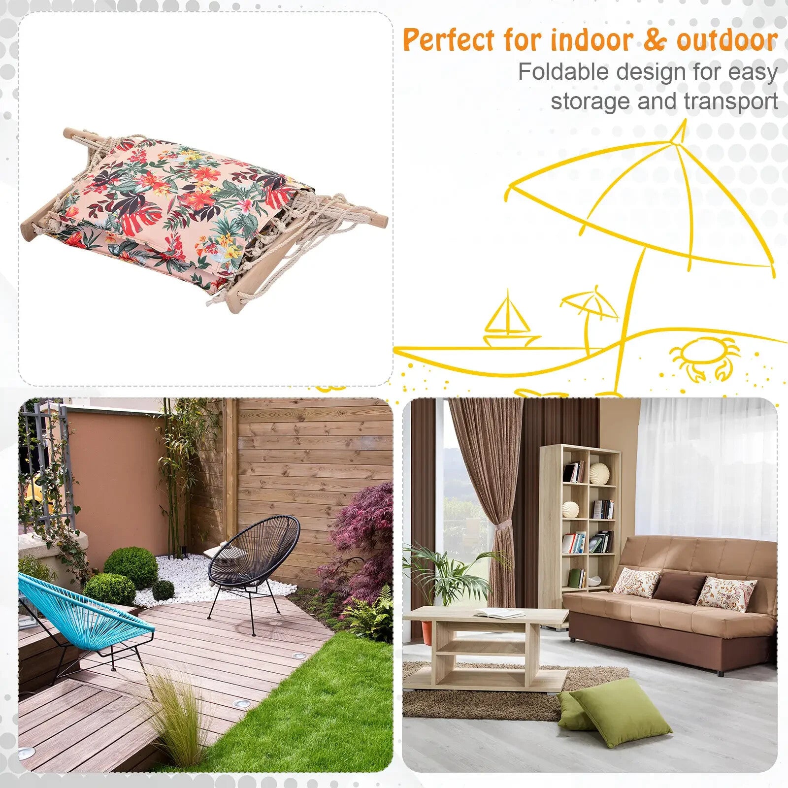 Hammock Hanging Chair Thick Rope Swing with Padded Cushion Multi-Colour Floral
