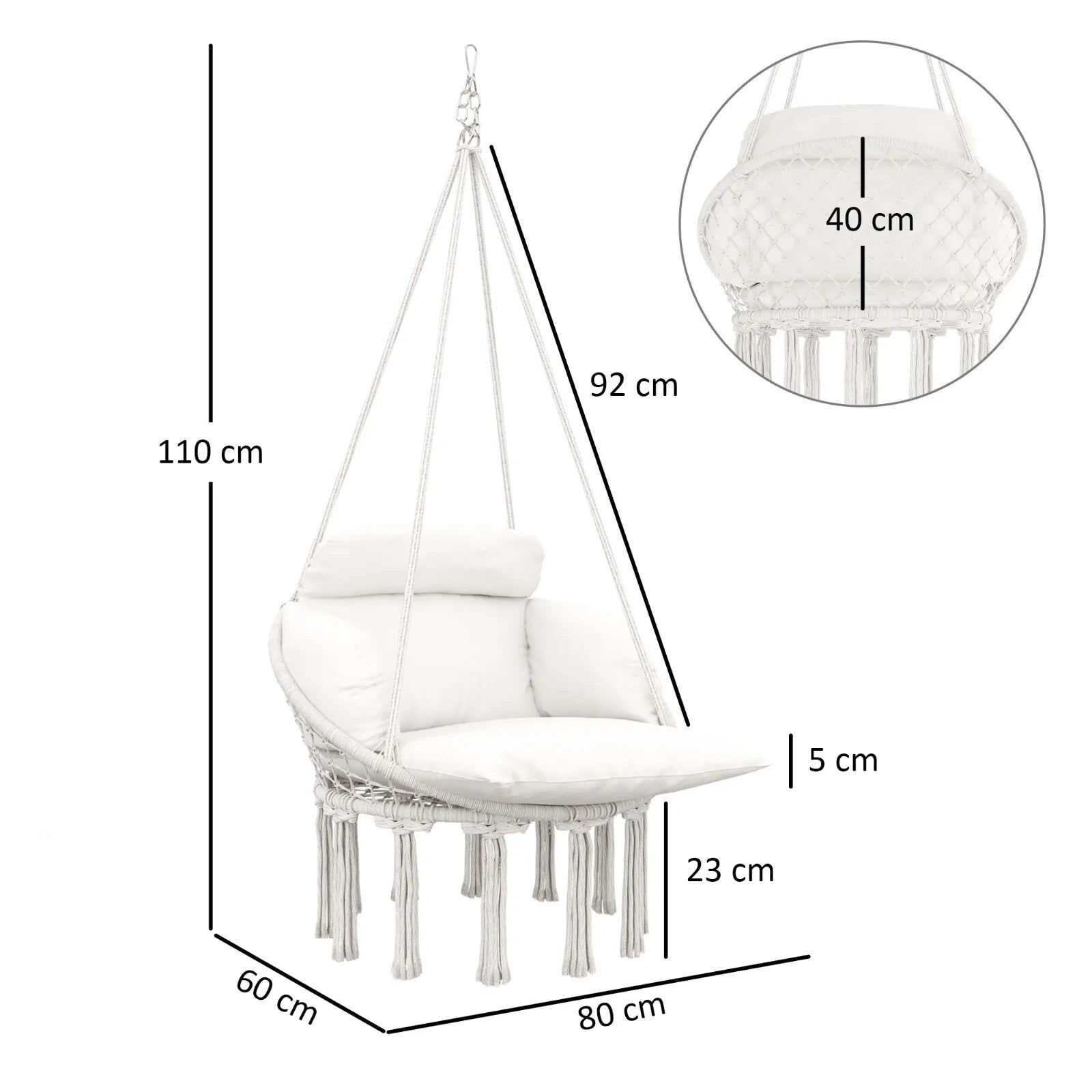 Hammock Hanging Chair Rope Swing with Padded Cushion & Adjustable Chain Cream
