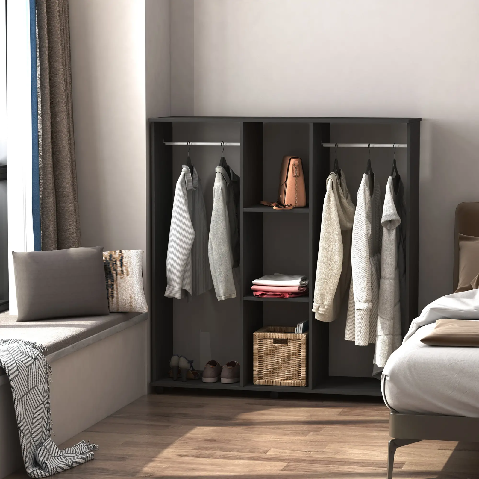 Mobile Open Wardrobe Clothes Hanging Rail Storage Shelves Metal Rail on 6 Wheels