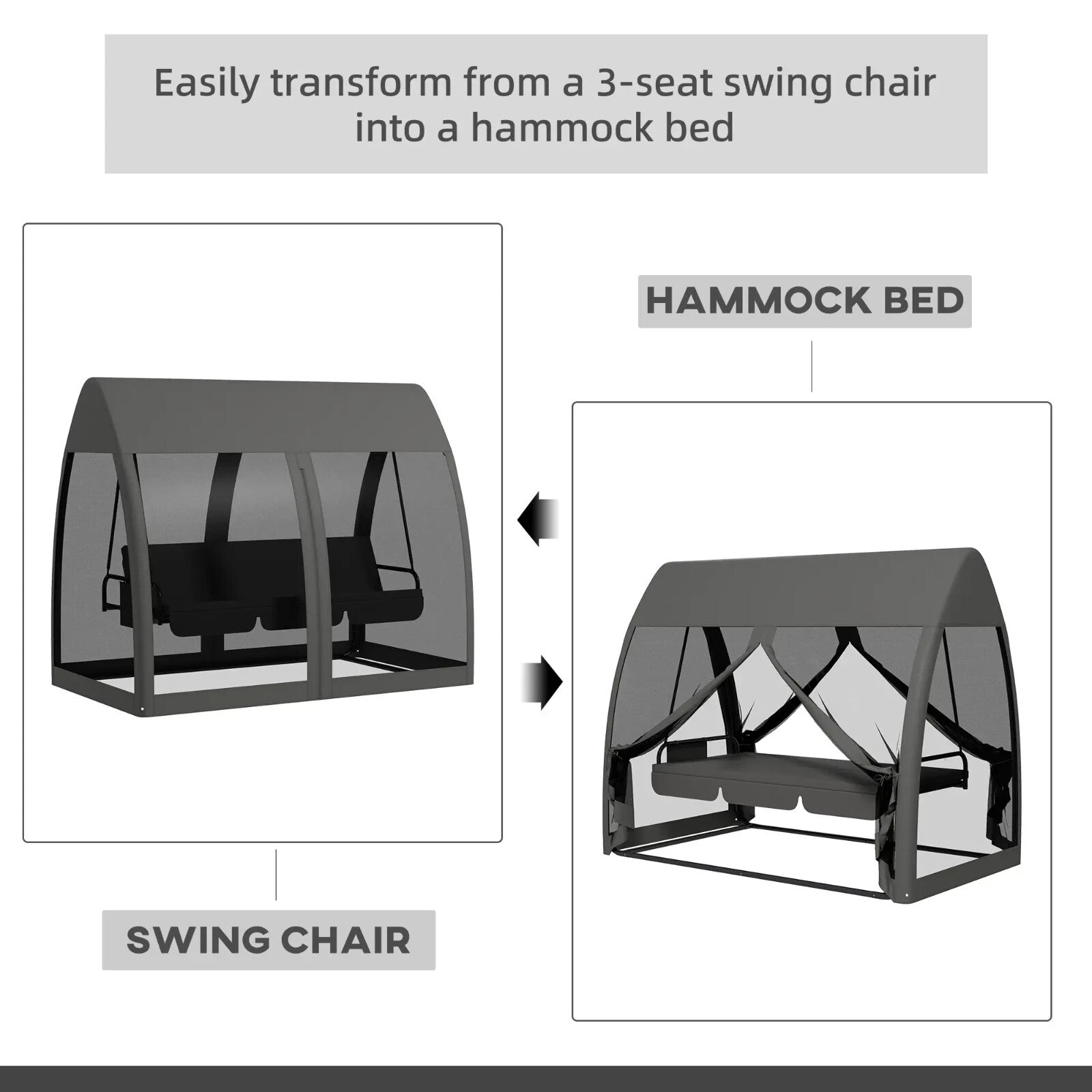 Hammock Swing Bench 3-Seater UV-Resistant Powder Coated with Mesh Canopy Grey
