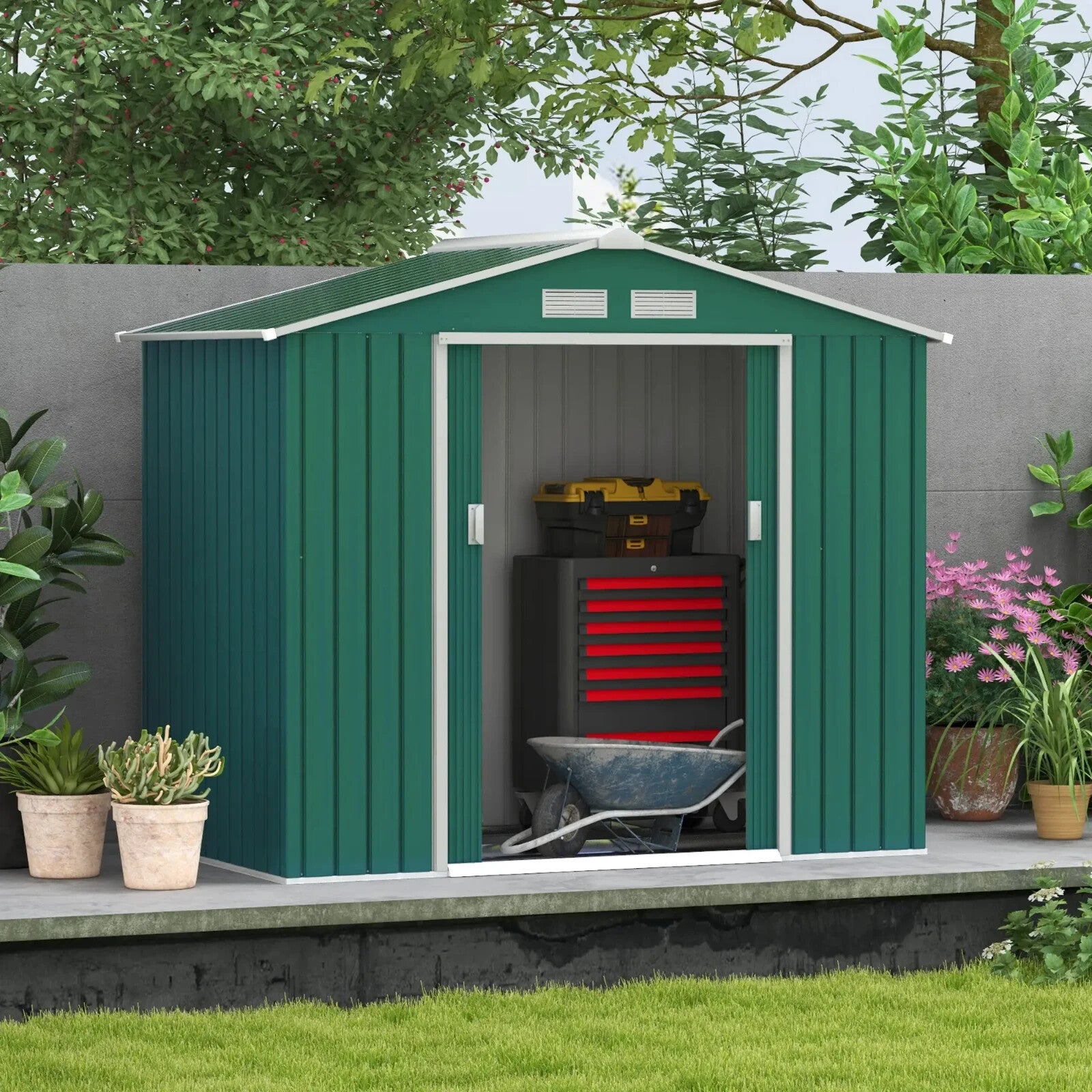 7 x 4ft Metal Garden Shed Storage with Foundation Kit and Vents Green Tool Shed