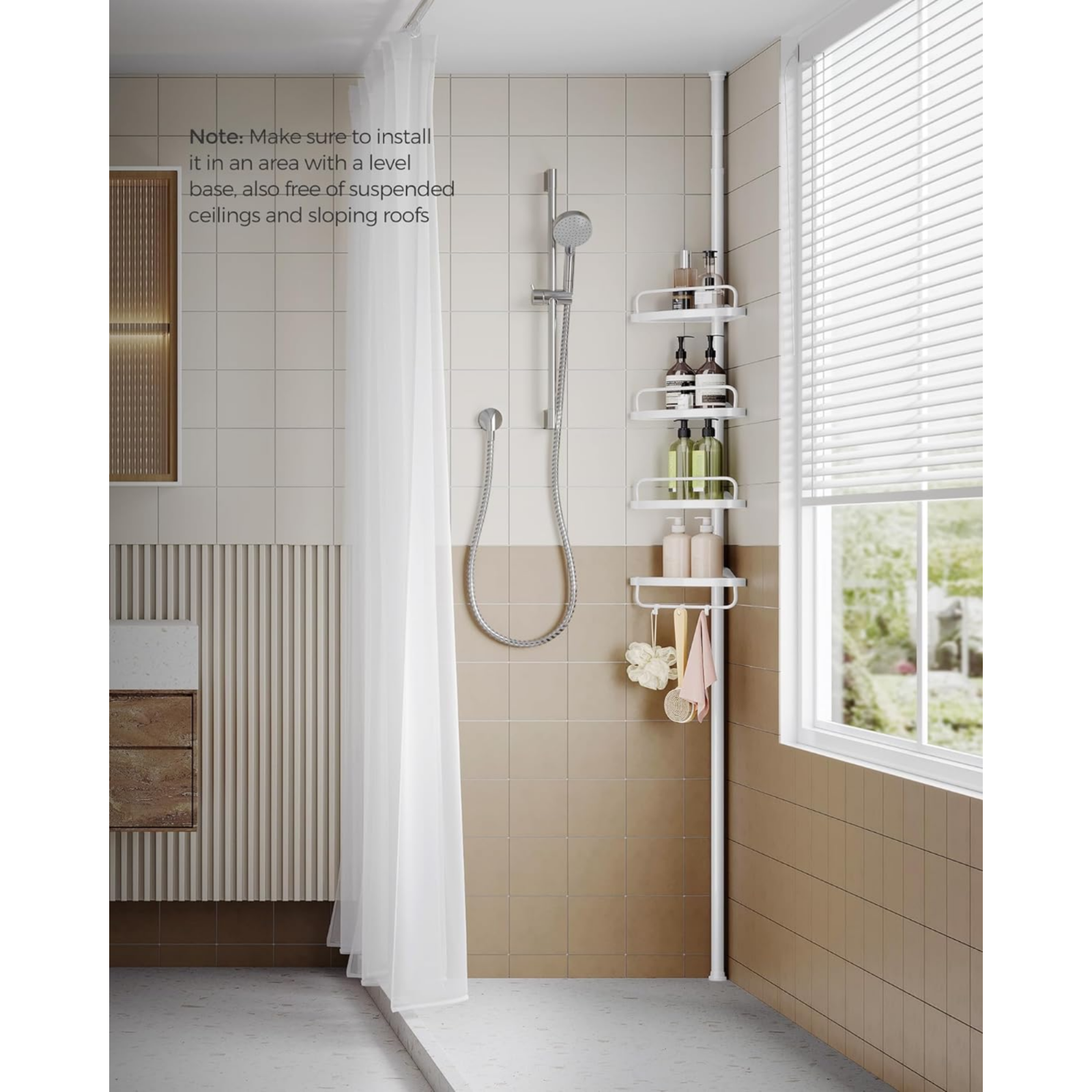 White Adjustable Corner Bathroom Shelf Shower Caddy Storage Telescopic Pole Unit
