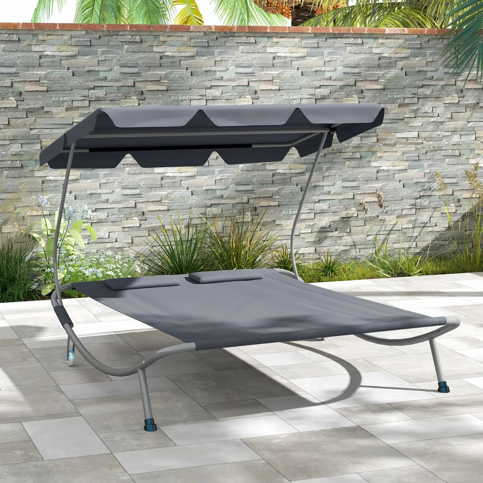 Hammock Sun Lounger 2-Seater w/ 2-Padded Pillows & Adjustable Canopy Light Grey