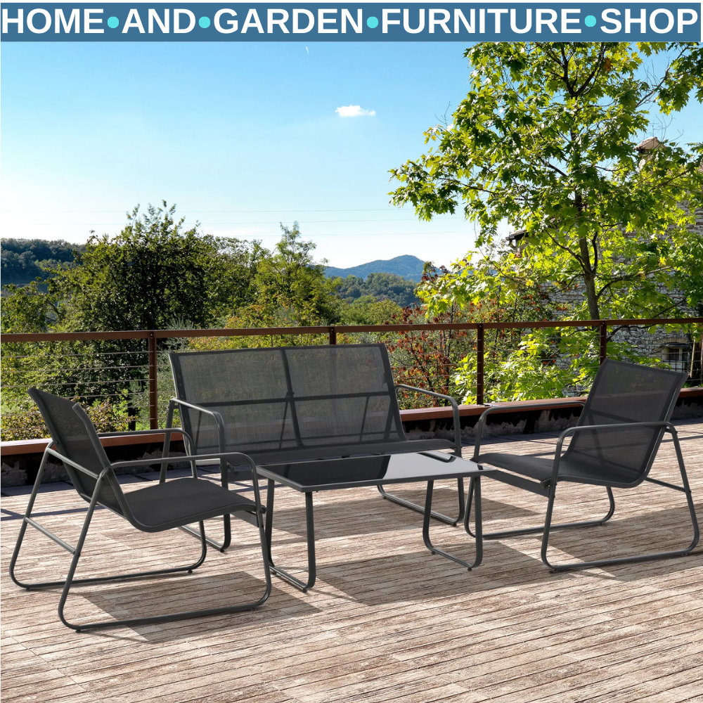4 Piece Garden Furniture Set with Sofa Chairs & Glass Table Patio Seating Black