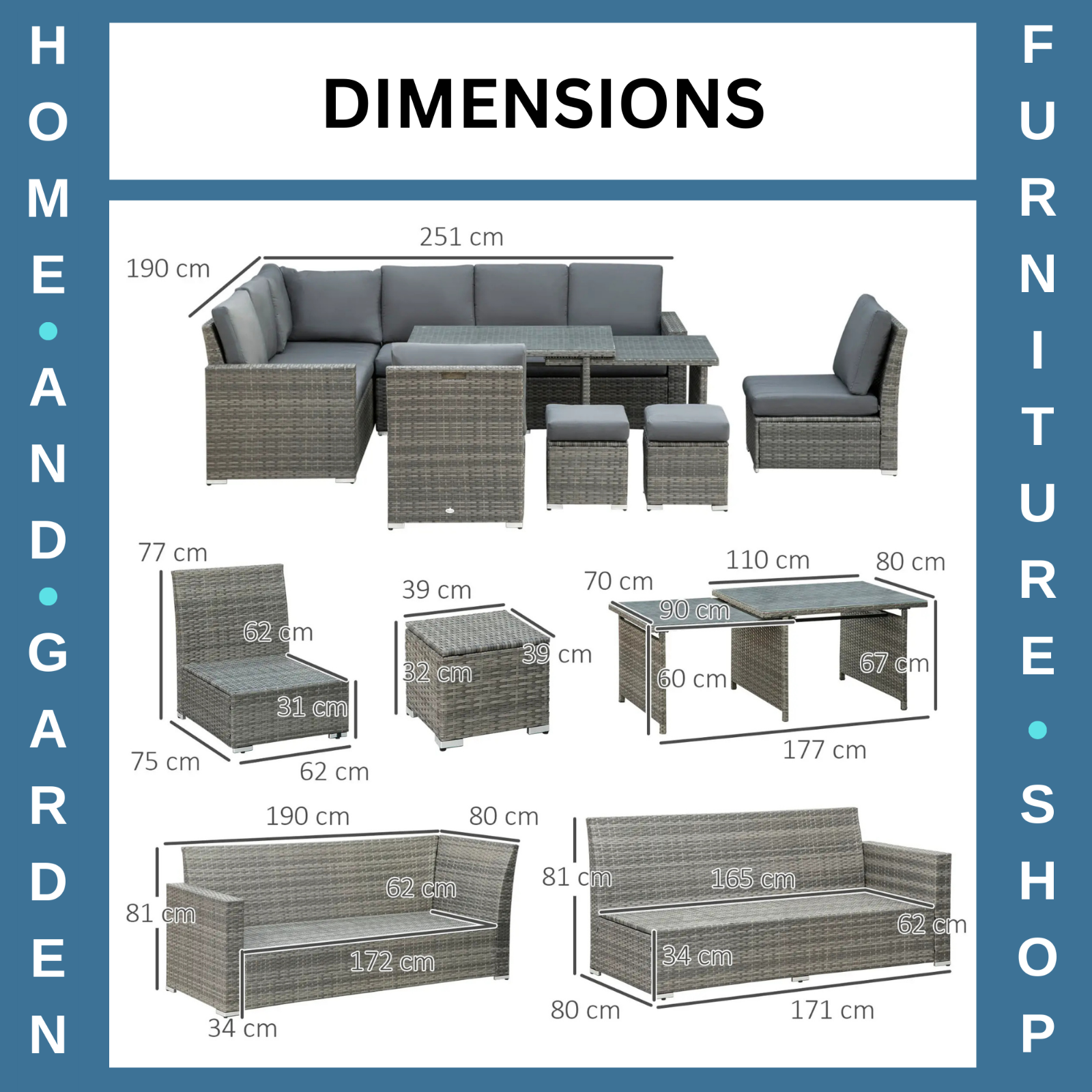 Seven-Piece Rattan Garden Sofa Set with Expanding Table and Stools Cushions Grey