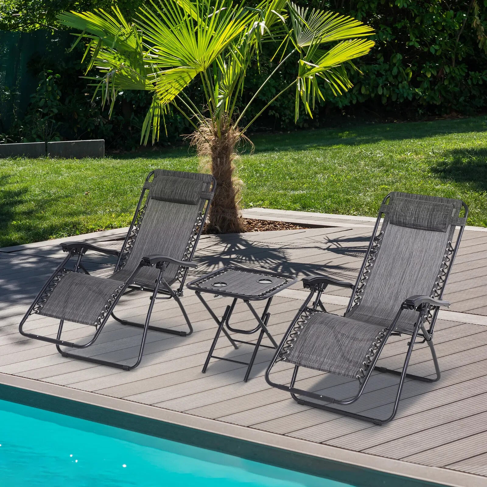 3 Piece Folding Zero Gravity Chairs & Table Set With Cup Holder Sun Lounger Grey