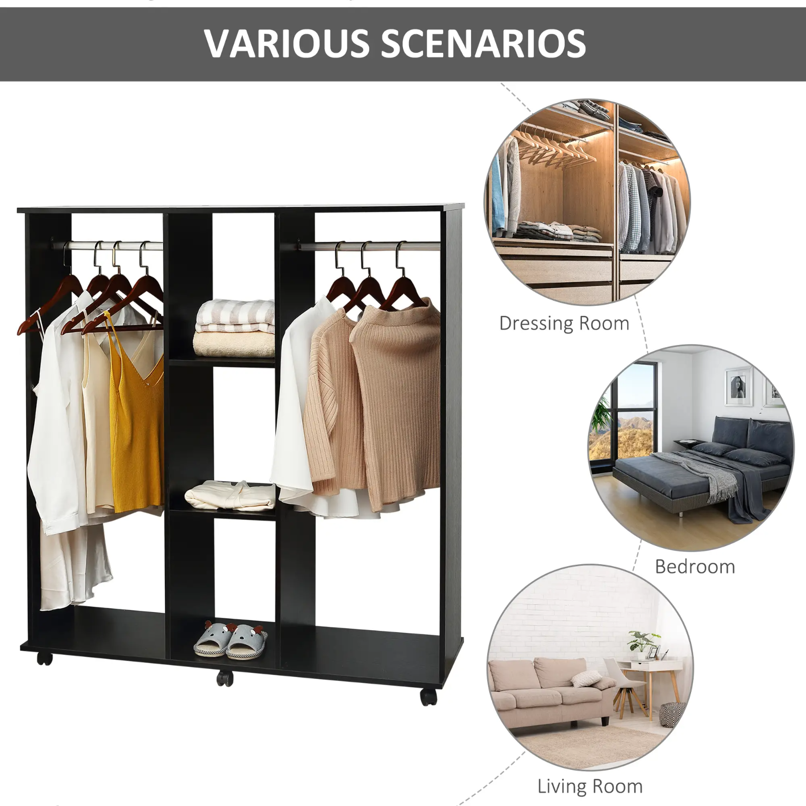 Mobile Open Wardrobe Clothes Hanging Rail Storage Shelves Metal Rail on 6 Wheels