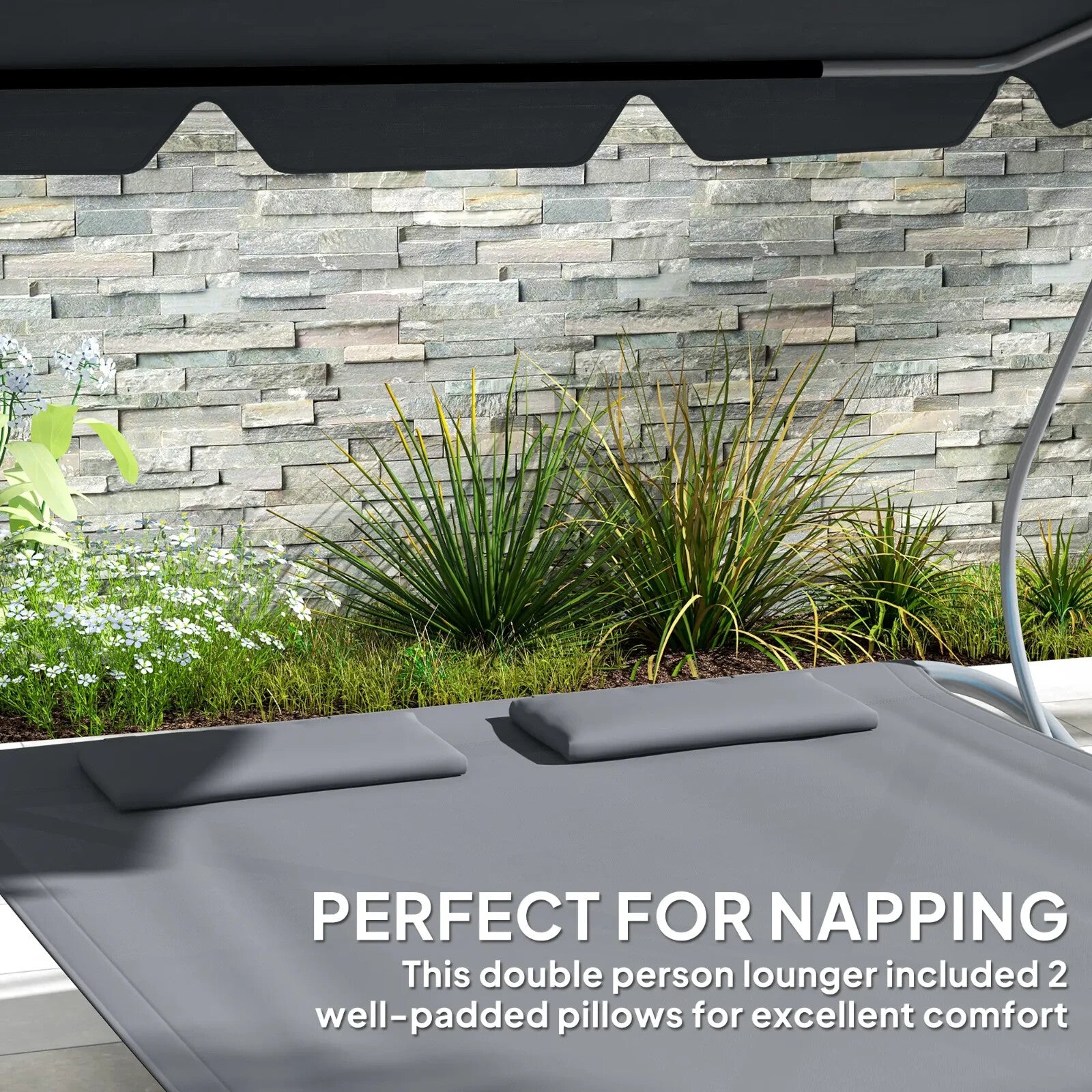 Hammock Sun Lounger 2-Seater w/ 2-Padded Pillows & Adjustable Canopy Light Grey