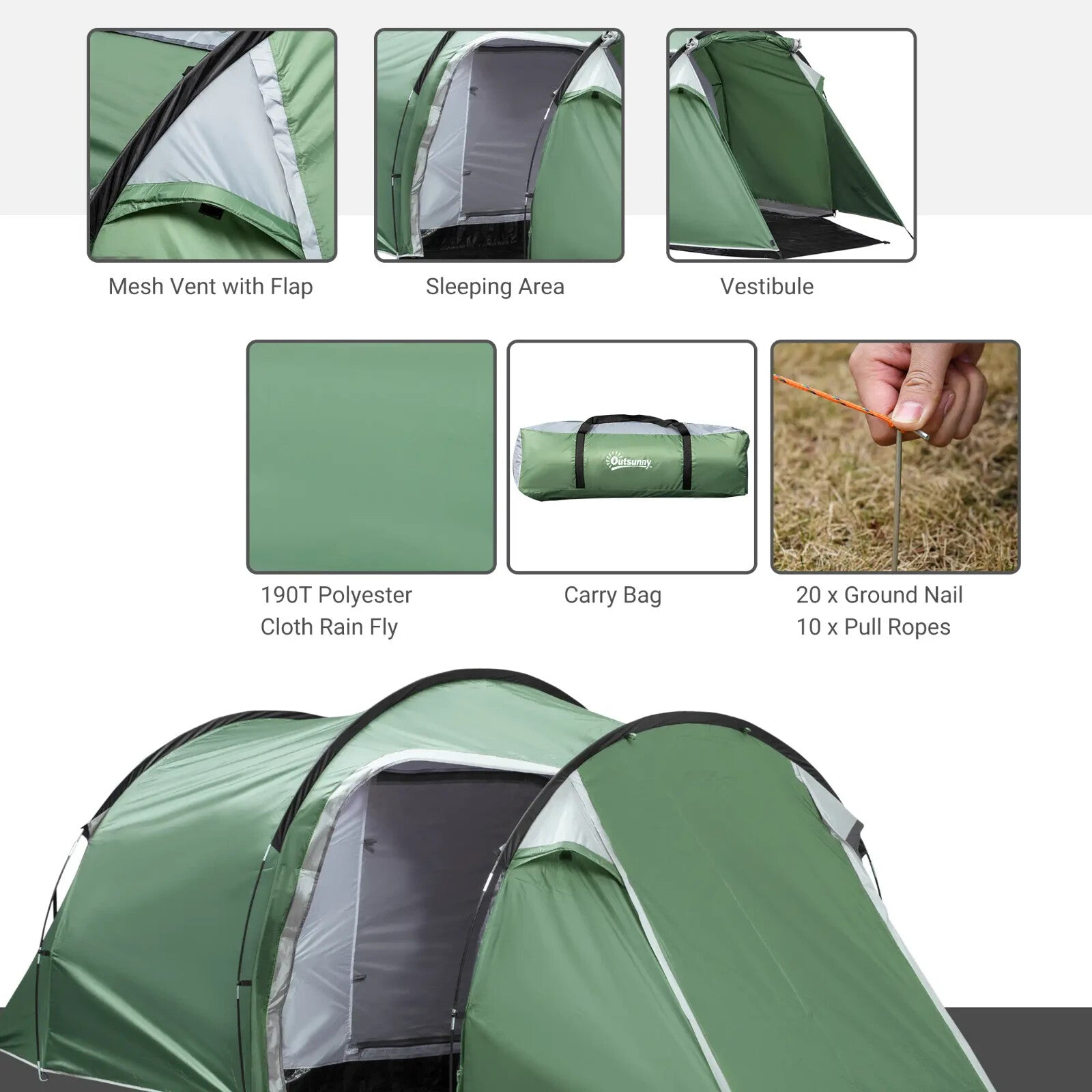 2–3 Person Tunnel Camping Tent, Groundsheet Rainfly Air Vents Waterproof Shelter