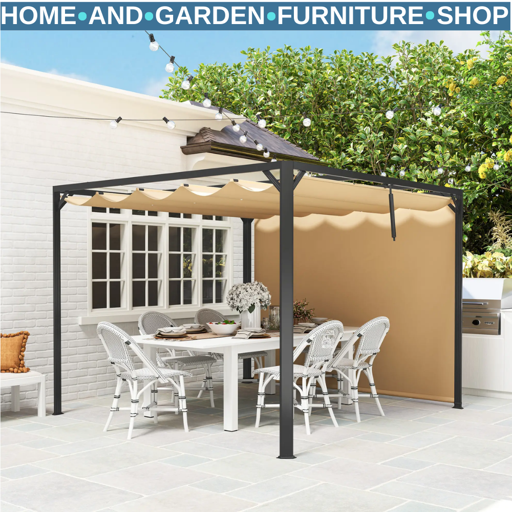 3x3 m Garden Pergola with Retractable Roof Canopy & Roller Shade Aluminium Frame
