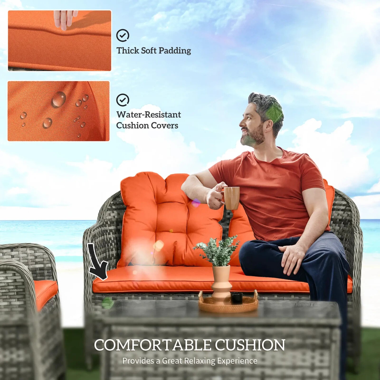 Four Pcs Rattan Sofa Set with Glass Top Table Garden Outdoor Patio Furniture Set