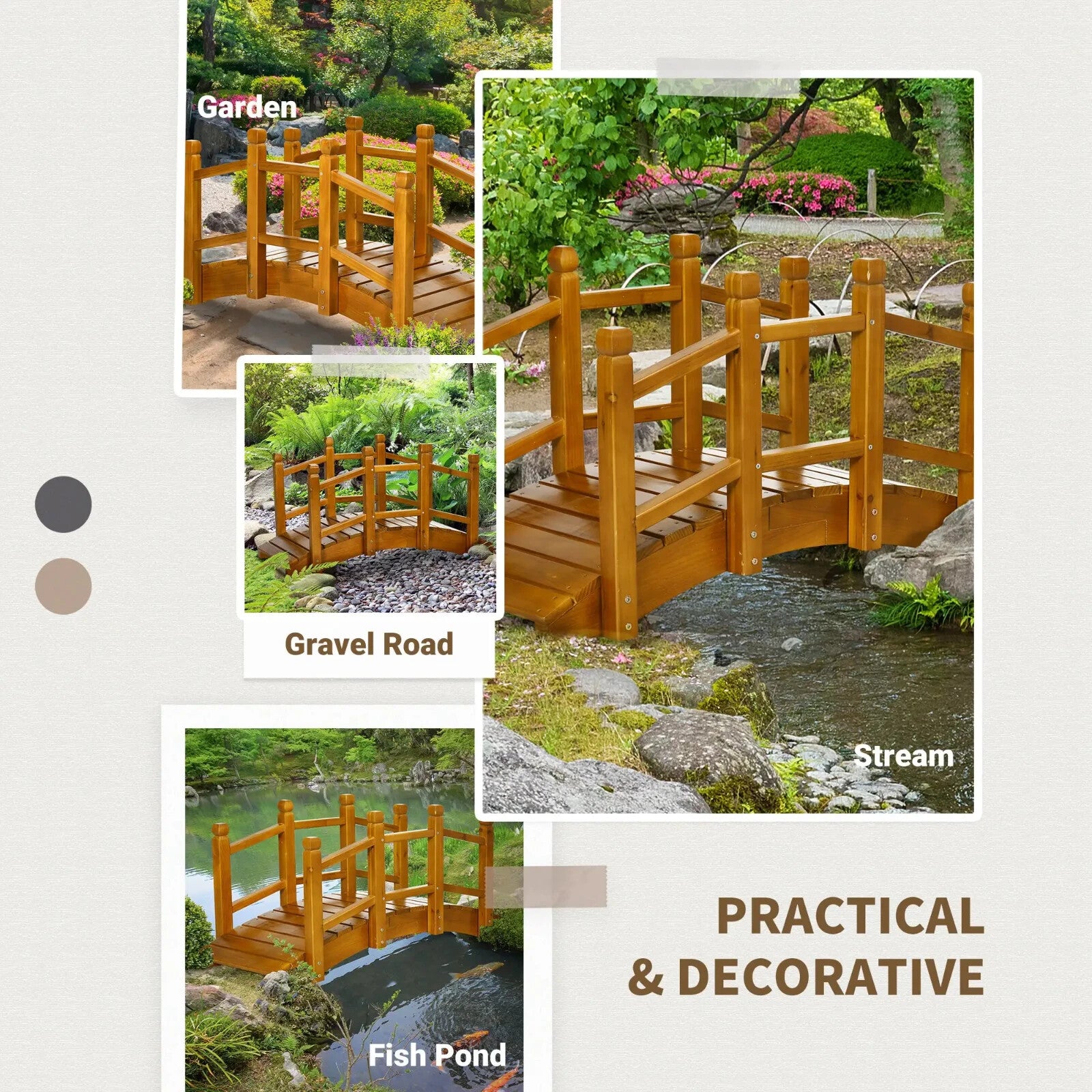 Wooden Garden Bridge with Railings Arc Footbridge for Pond Stream or Backyard