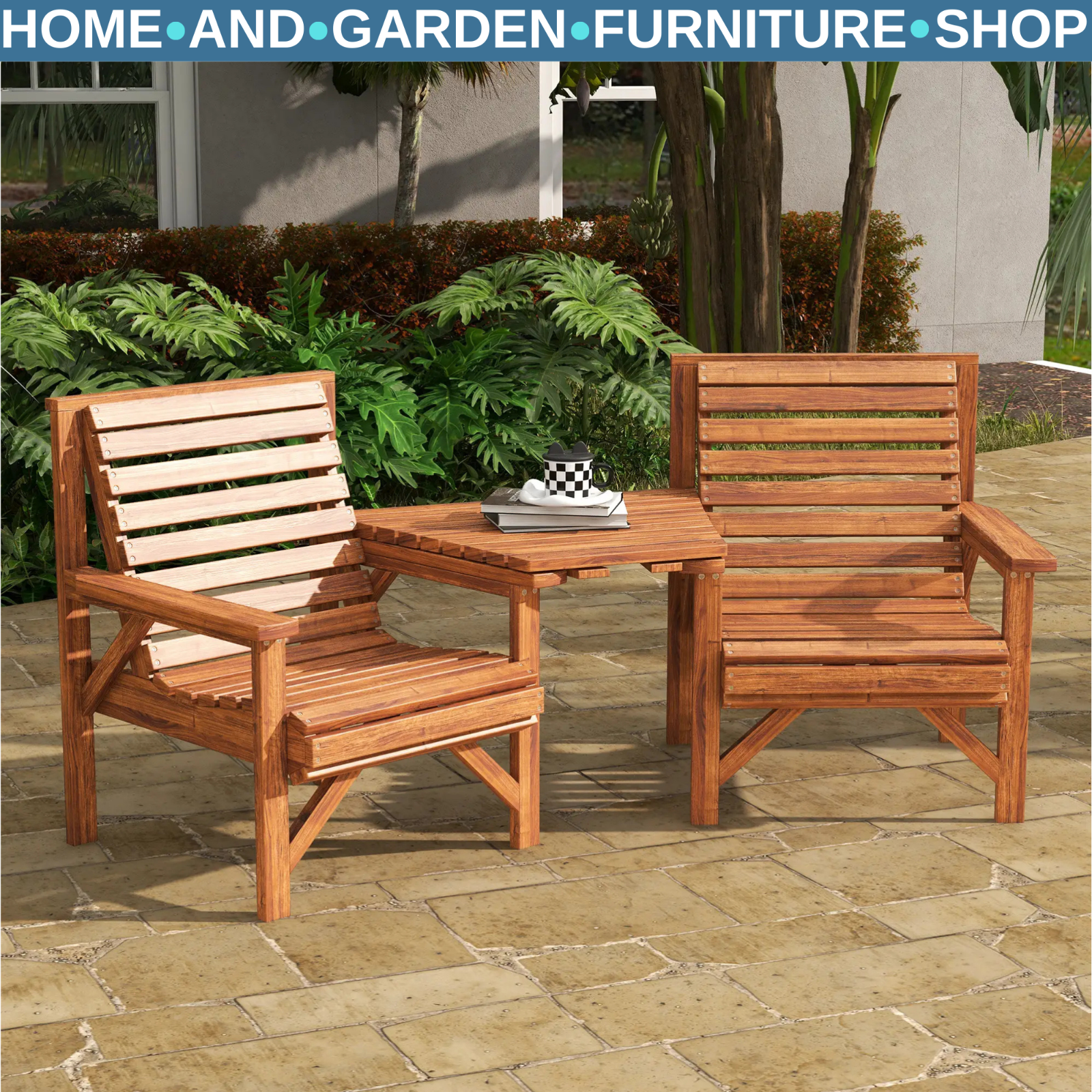 Wooden Garden Love Seat 2 Seater Patio Coffee Table and Chair Set Partner Bench