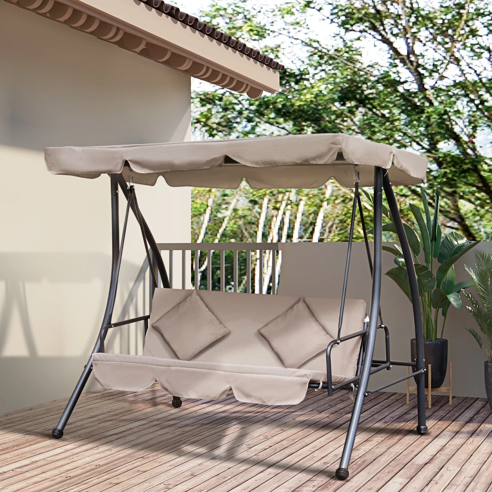 2-in-1 Hammock Swing Chair 3-Seater Powder Coated w/ Cushion & Tilt Canopy Beige