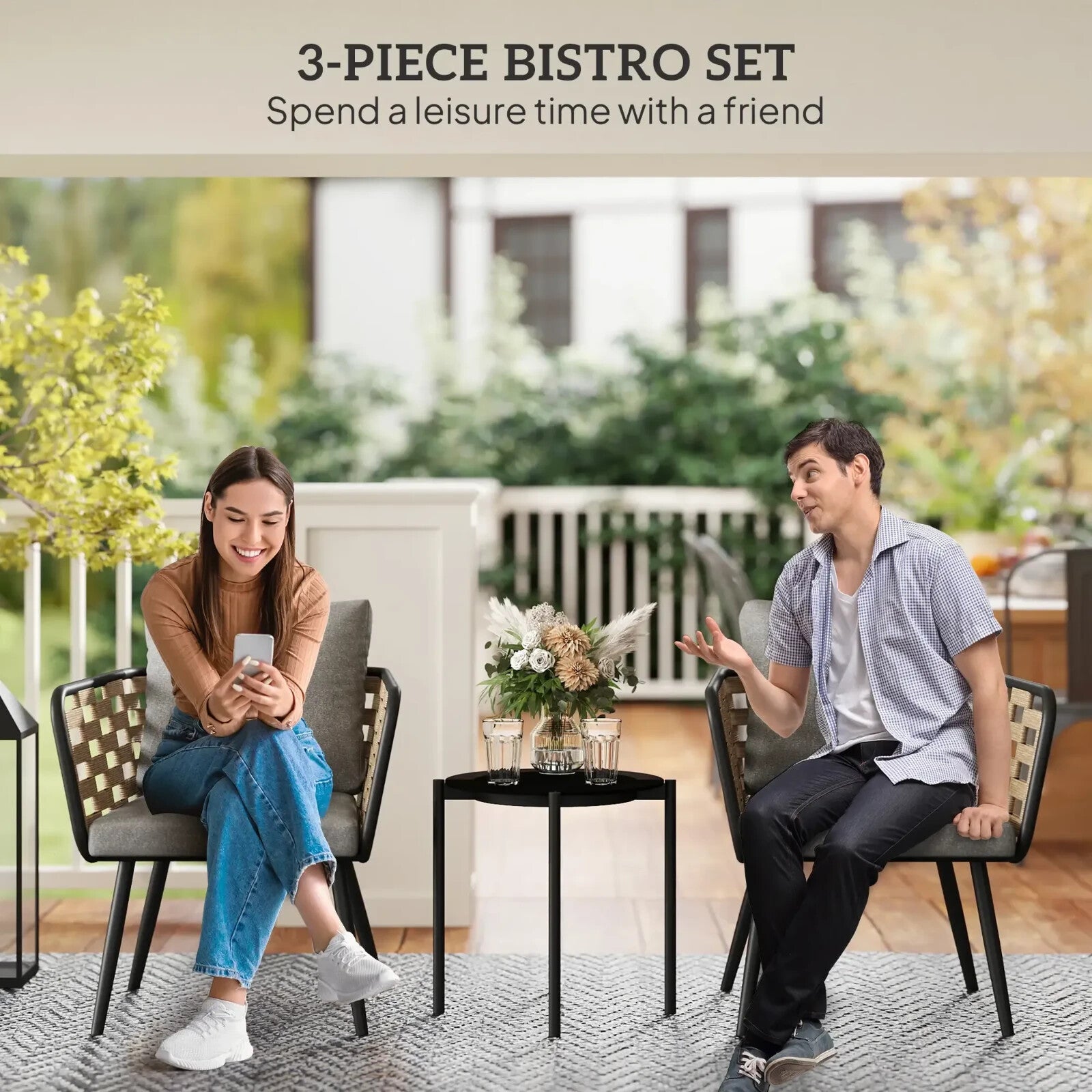 Bistro Set 3-Piece PE Rattan with Backrest Cushions & Tempered Glass Top Black