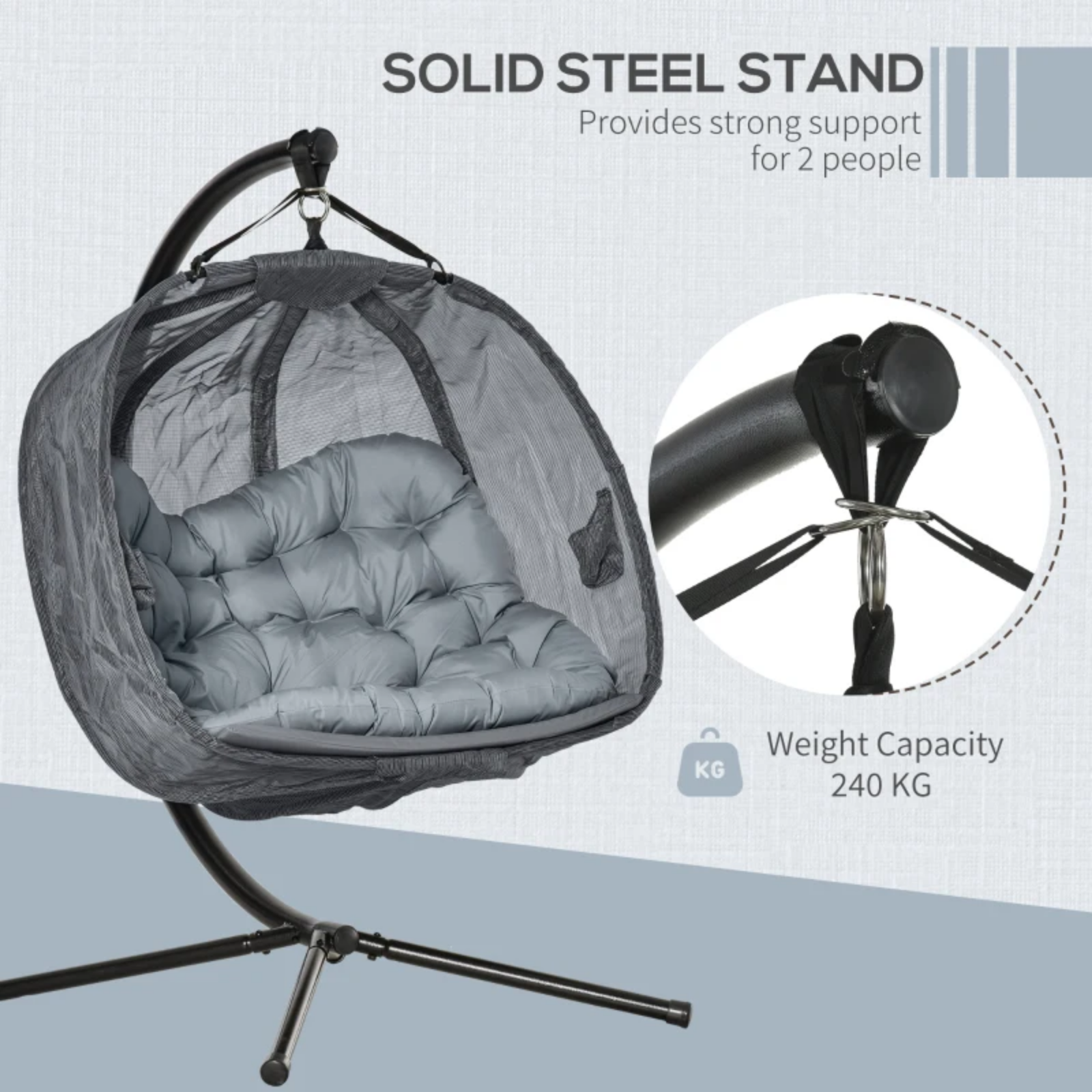 Double Hanging Egg Chair 2 Seater Swing Hammock Cocoon Cushion Side Phone Holder