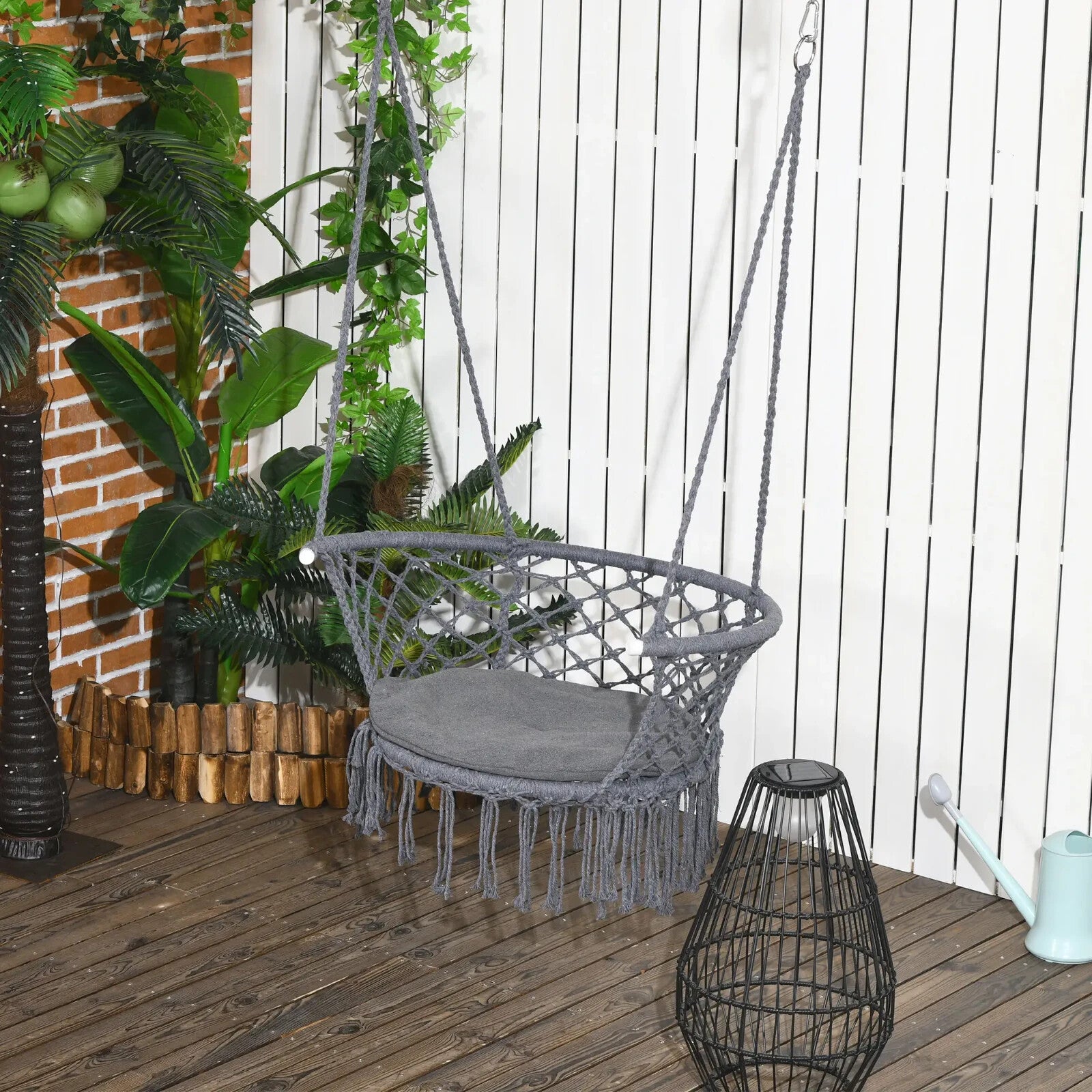 Hammock Hanging Chair Macrame Seat with Cotton Rope & Paddad Cushion Dark Grey