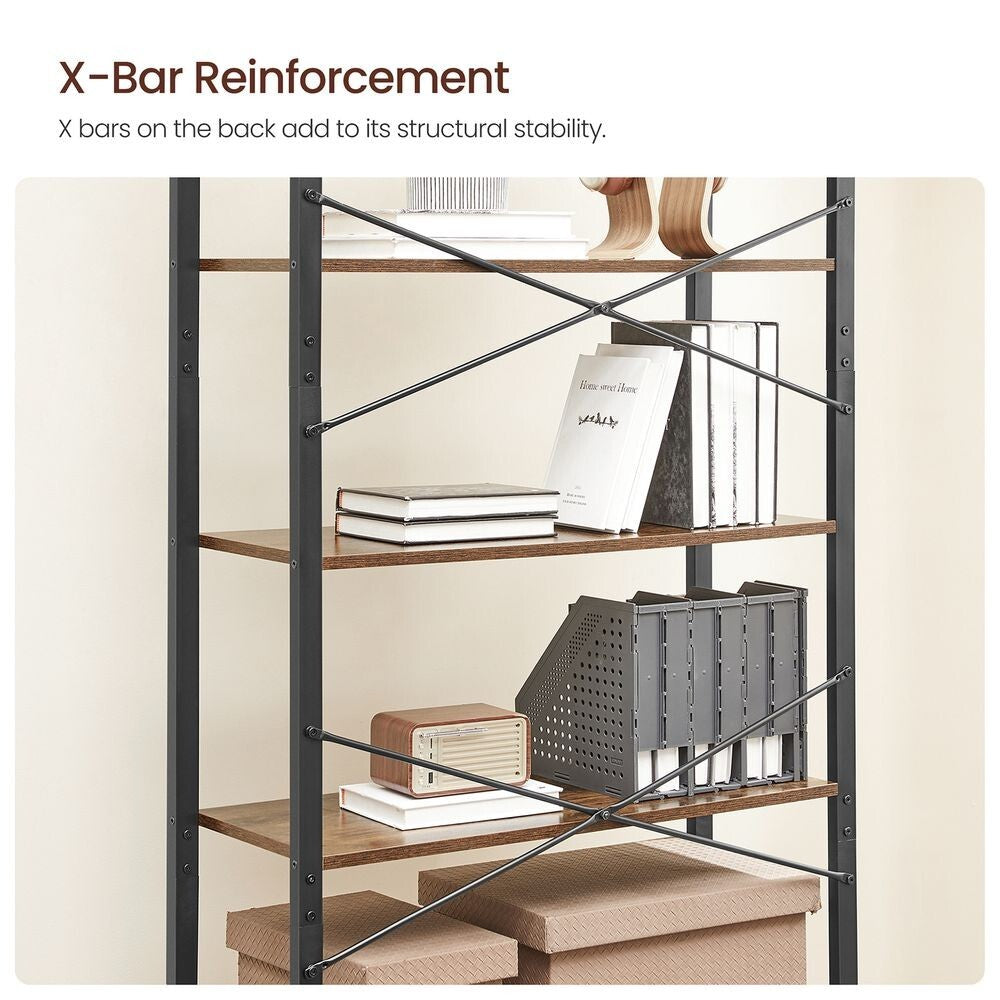 Rustic Brown Large Bookcase 6 Tier Tall Bookshelf Steel Frame Shelf Unit Tallboy
