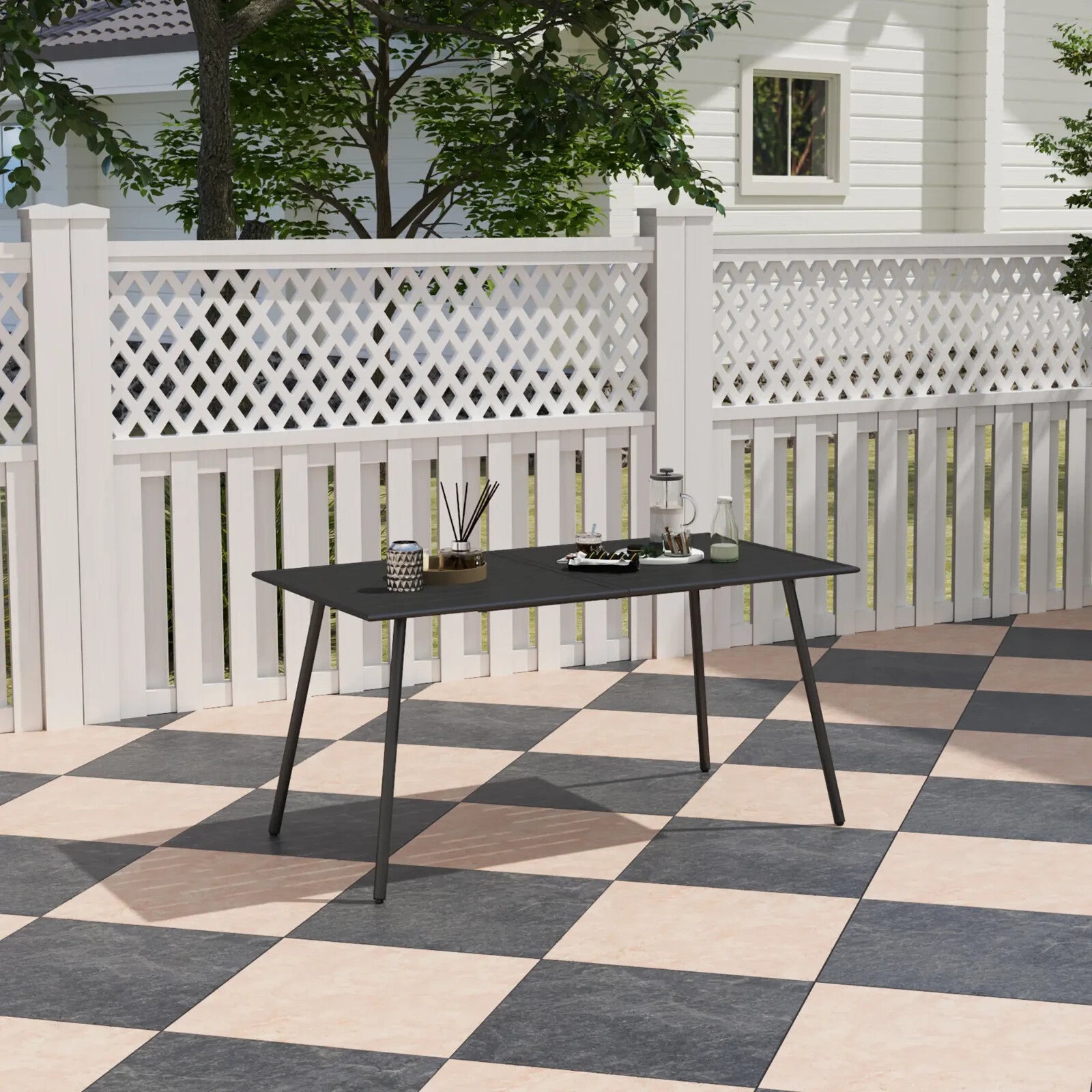 Metal Outdoor Table Black Garden Dining Table for 6 People Slat Top Steel Frame