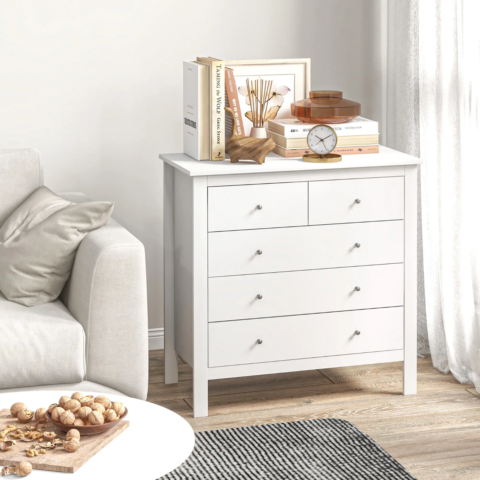 Modern Chest Of Drawers for Bedroom 5 Drawer Dresser Storage Unit White Cabinet