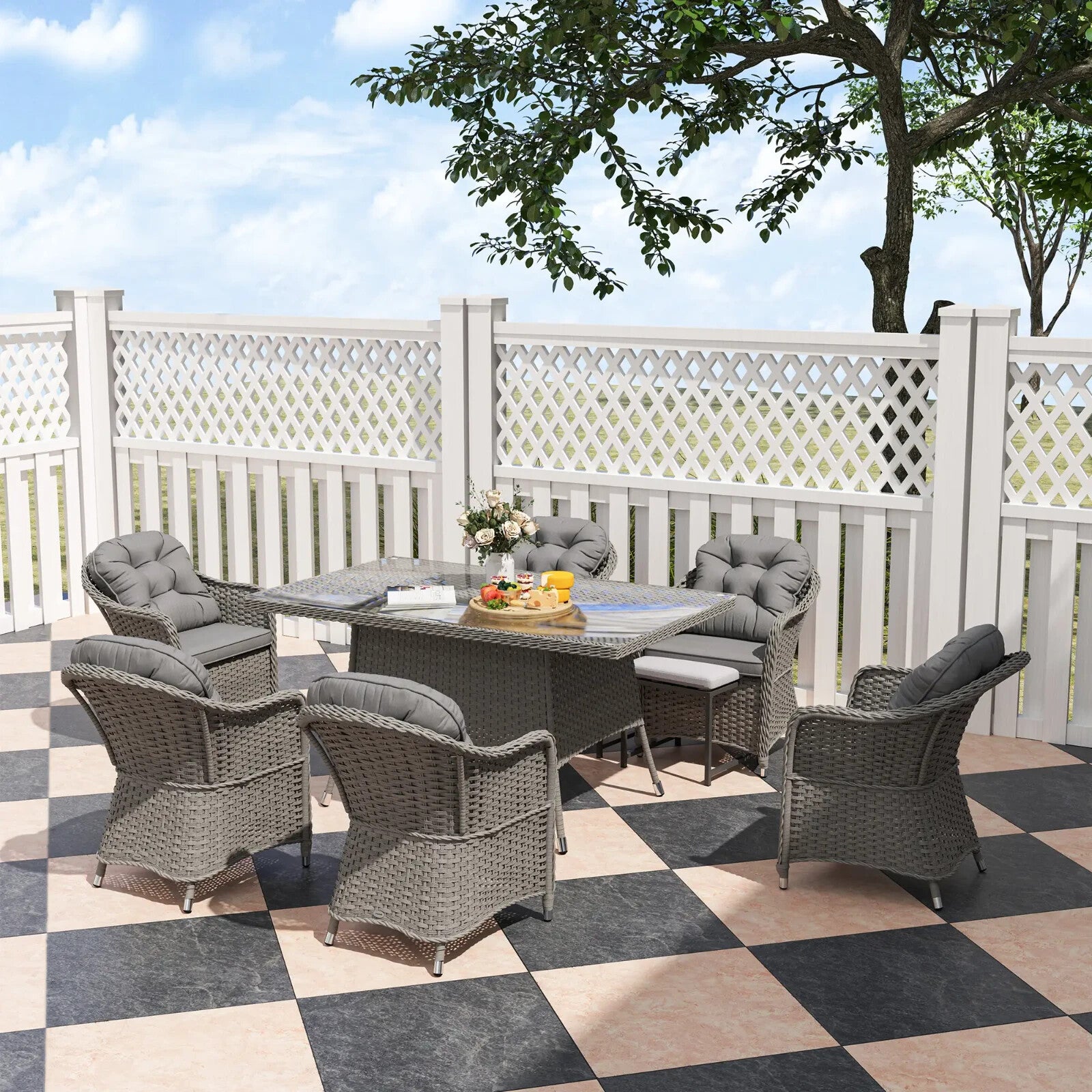 6 Seater Rattan Dining Set Outdoor Garden Furniture with Table and Back Cushions