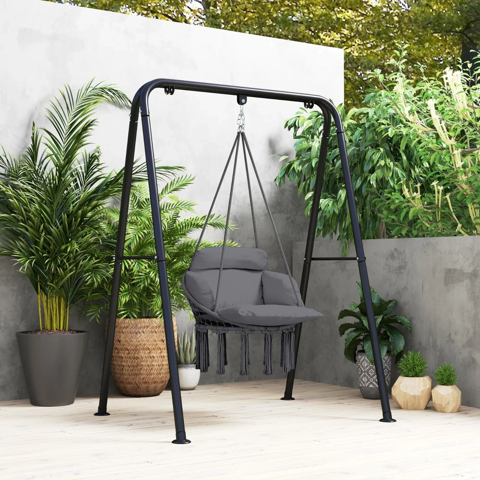 Hammock Hanging Chair Rope Boho Style Swing with Soft Padded Cushion Dark Grey