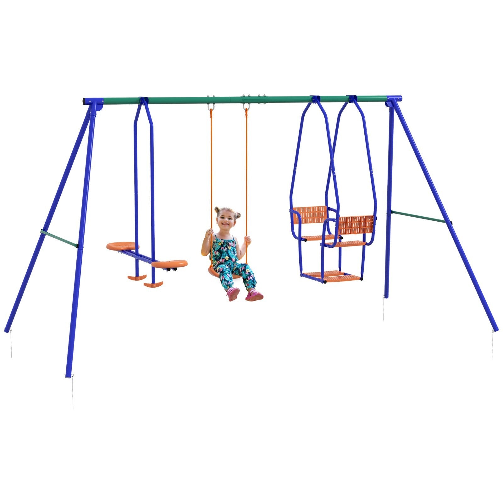 3 in 1 Metal Kids Swing Set with Glider Rocking Chair & Outdoor Swing for Garden
