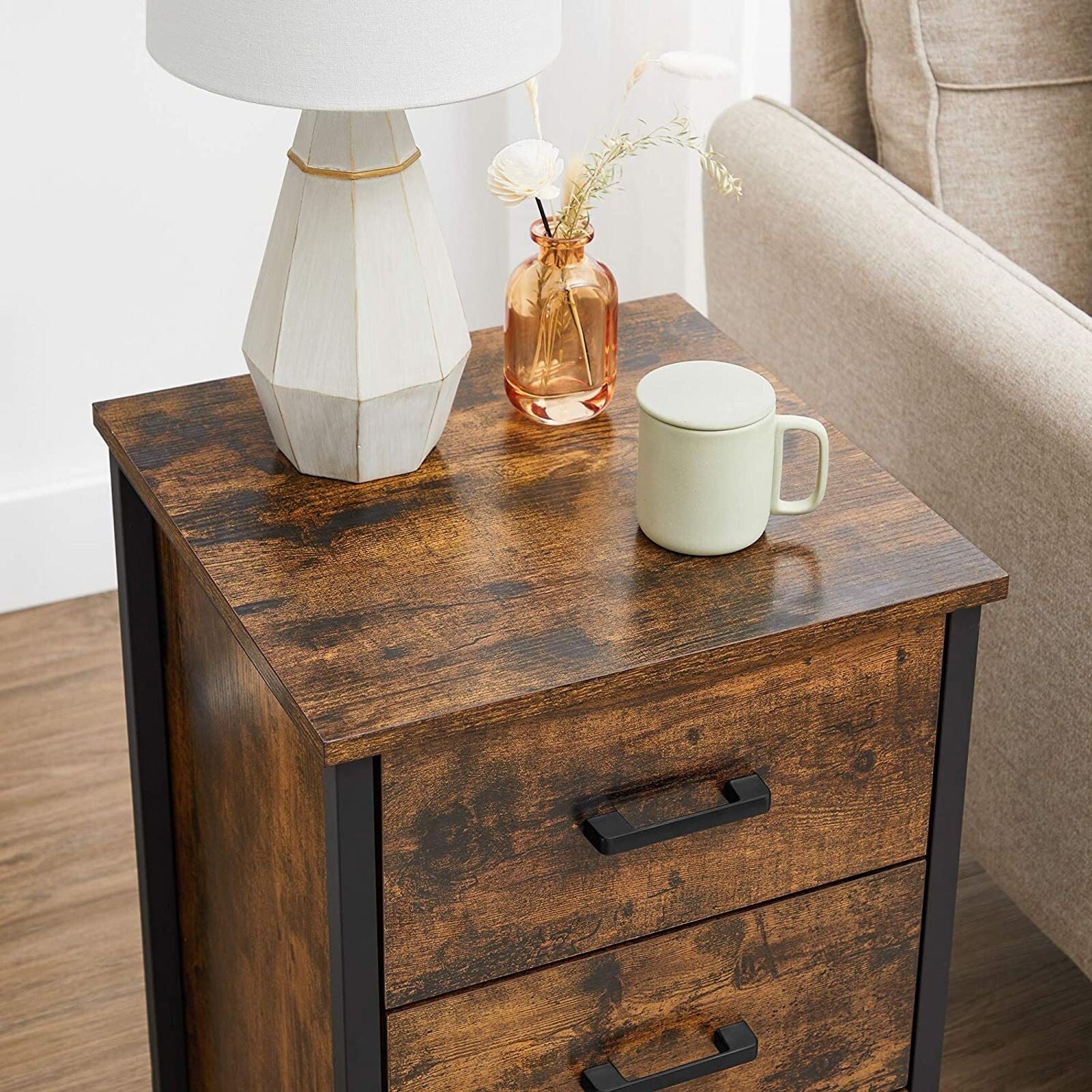 Industrial Nightstand Rustic Bedside Table 3 Drawers Side Table Bedroom Storage