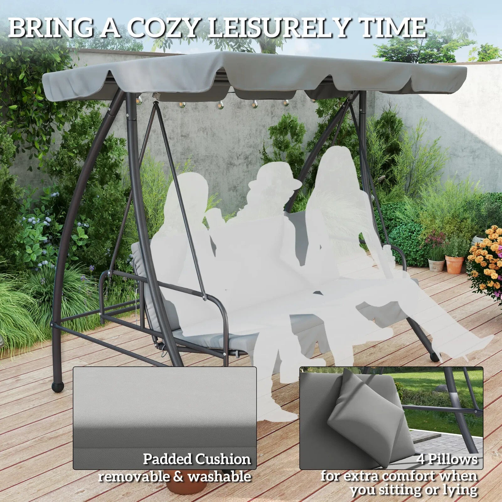 2-in-1 Hammock Swing Chair 3-Seater Steel with Cushion & Tilt Canopy Light Grey