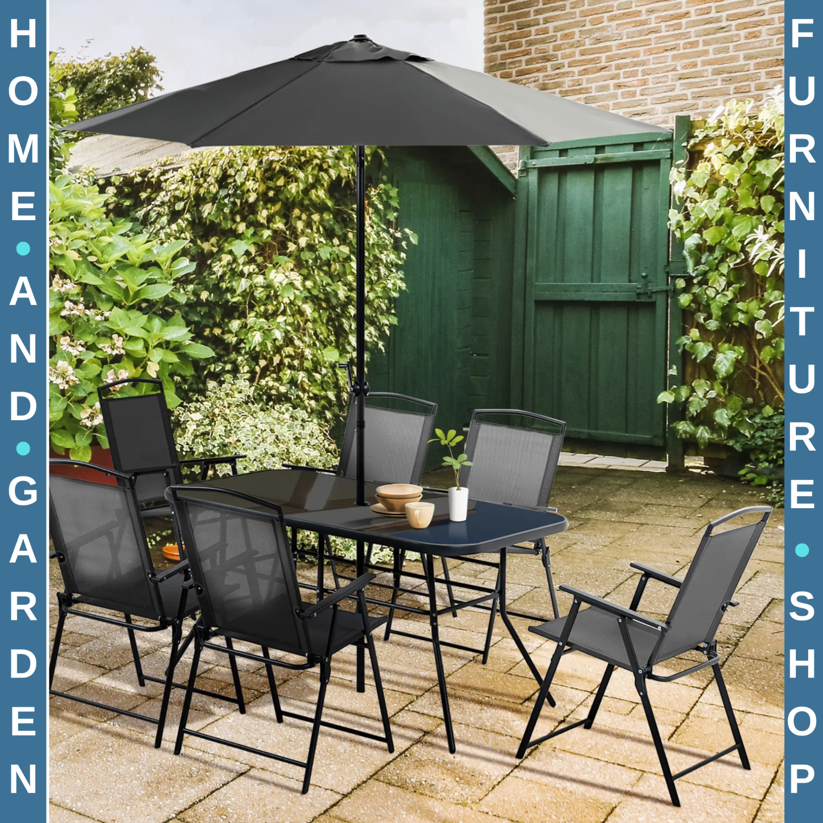 8 Pcs Metal Garden Furniture Set with Parasol Folding Chairs and 6 Seater Table