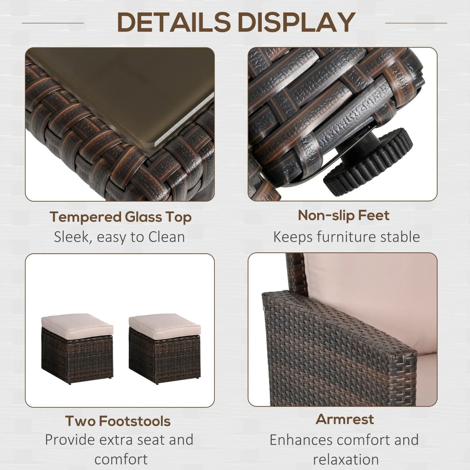 Brown Rattan Furniture Patio Sofa Set with Glass Dining Table & Chairs Cushion